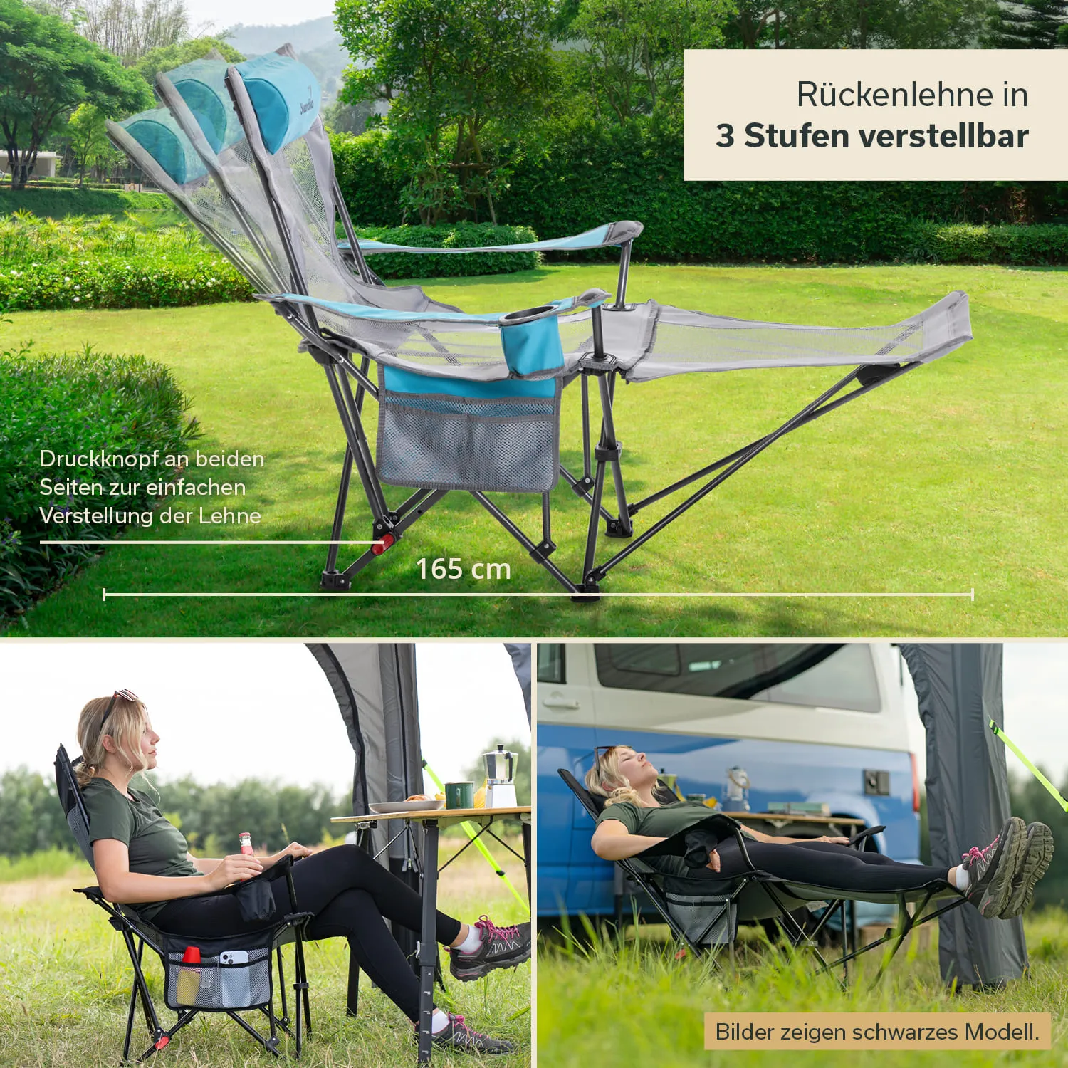 Verstellbarer Campingstuhl mit Lehne in drei Stufen, abgebildet im Freien auf einem Rasen mit Bäumen im Hintergrund.