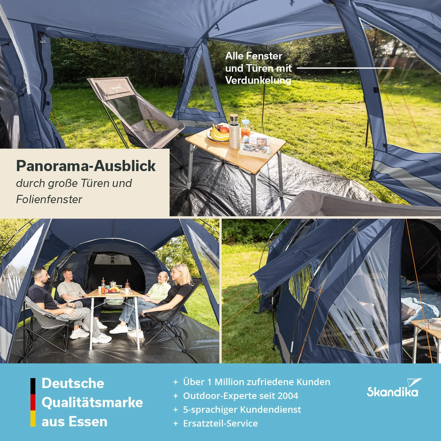 Großes Zelt mit Fenstern und Türen, zwei Personen sitzen an einem Tisch, entspannte Atmosphäre im Freien.