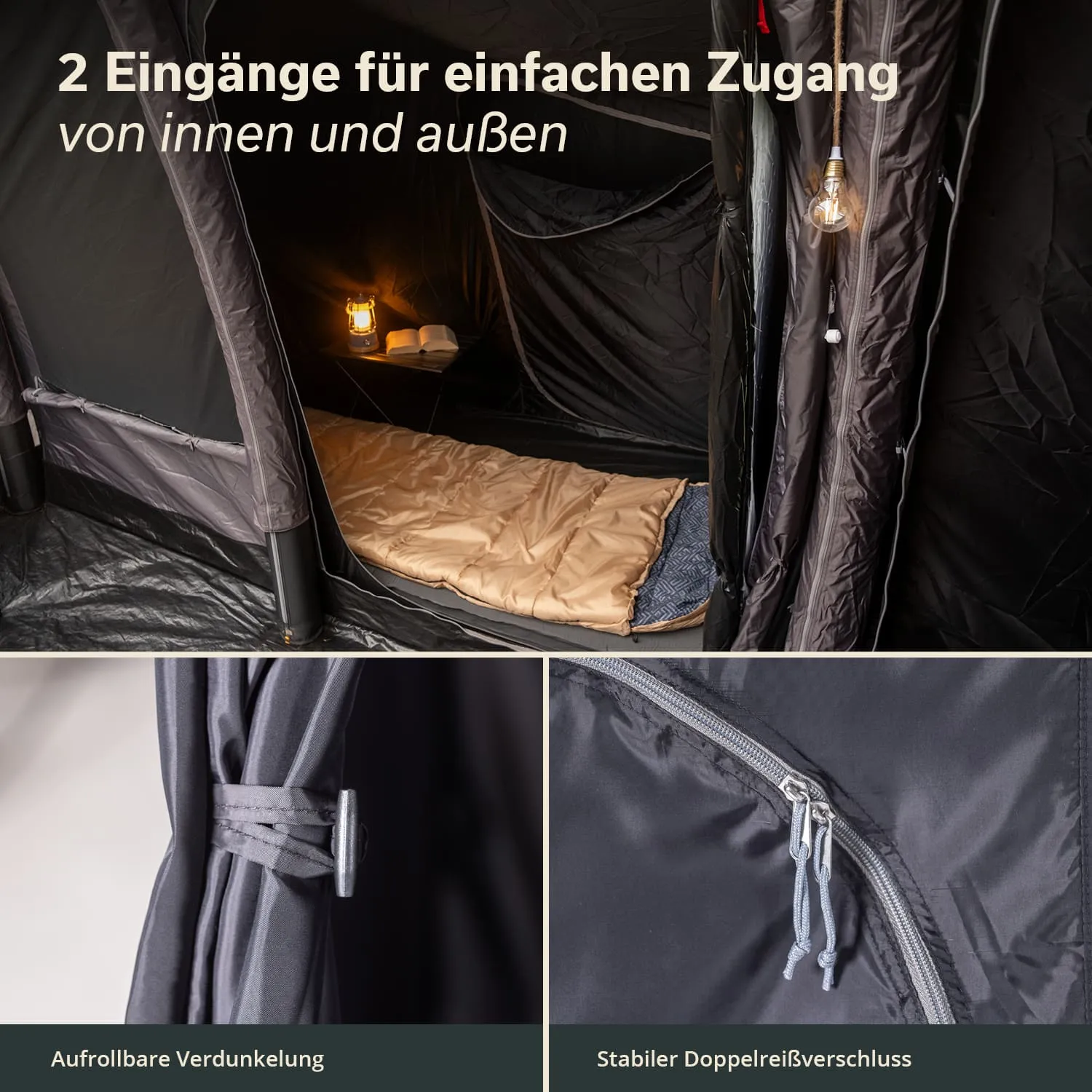 Zeltinnere mit zwei Eingängen, Schlafsack auf dem Boden, Lampe, Buch und Nahaufnahmen von Reißverschluss und Stoffdetails.