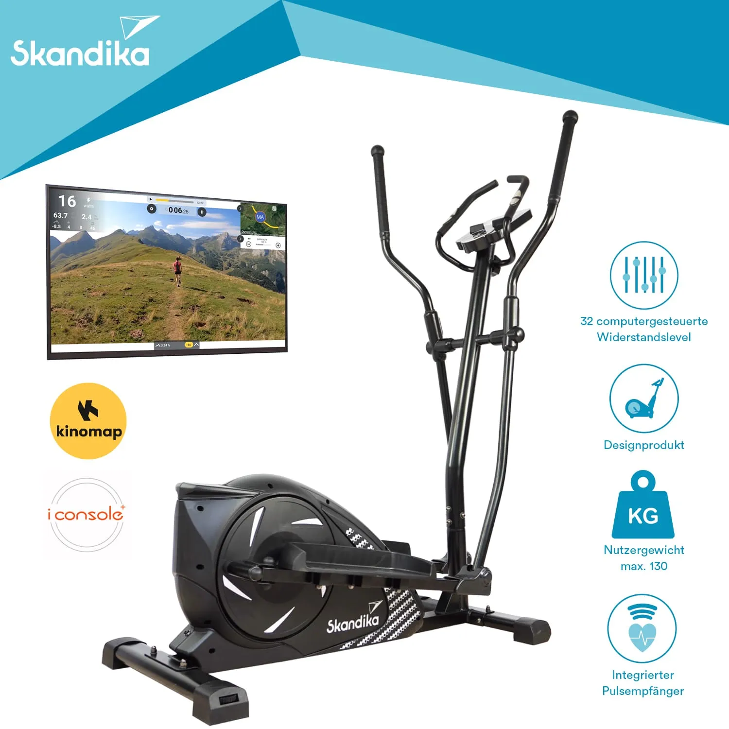 Ein Crosstrainer in Schwarz steht links, rechts befindet sich ein großer Bildschirm mit einer Landschaftsanzeige.