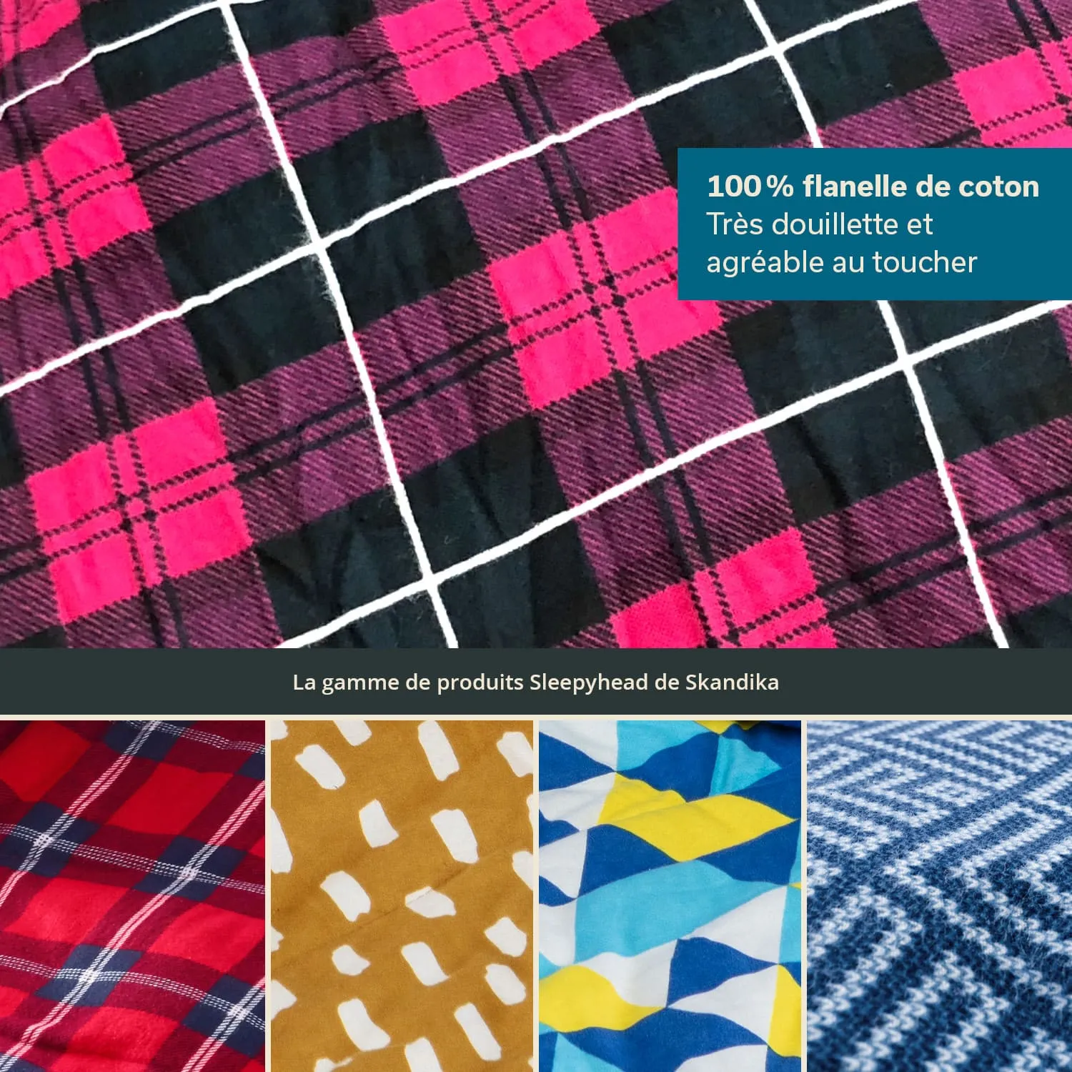 Flanellstoffe in verschiedenen Mustern: kariert in Pink und Schwarz, geometrische Muster in Blau, Gelb und Weiß sowie weitere Designs.