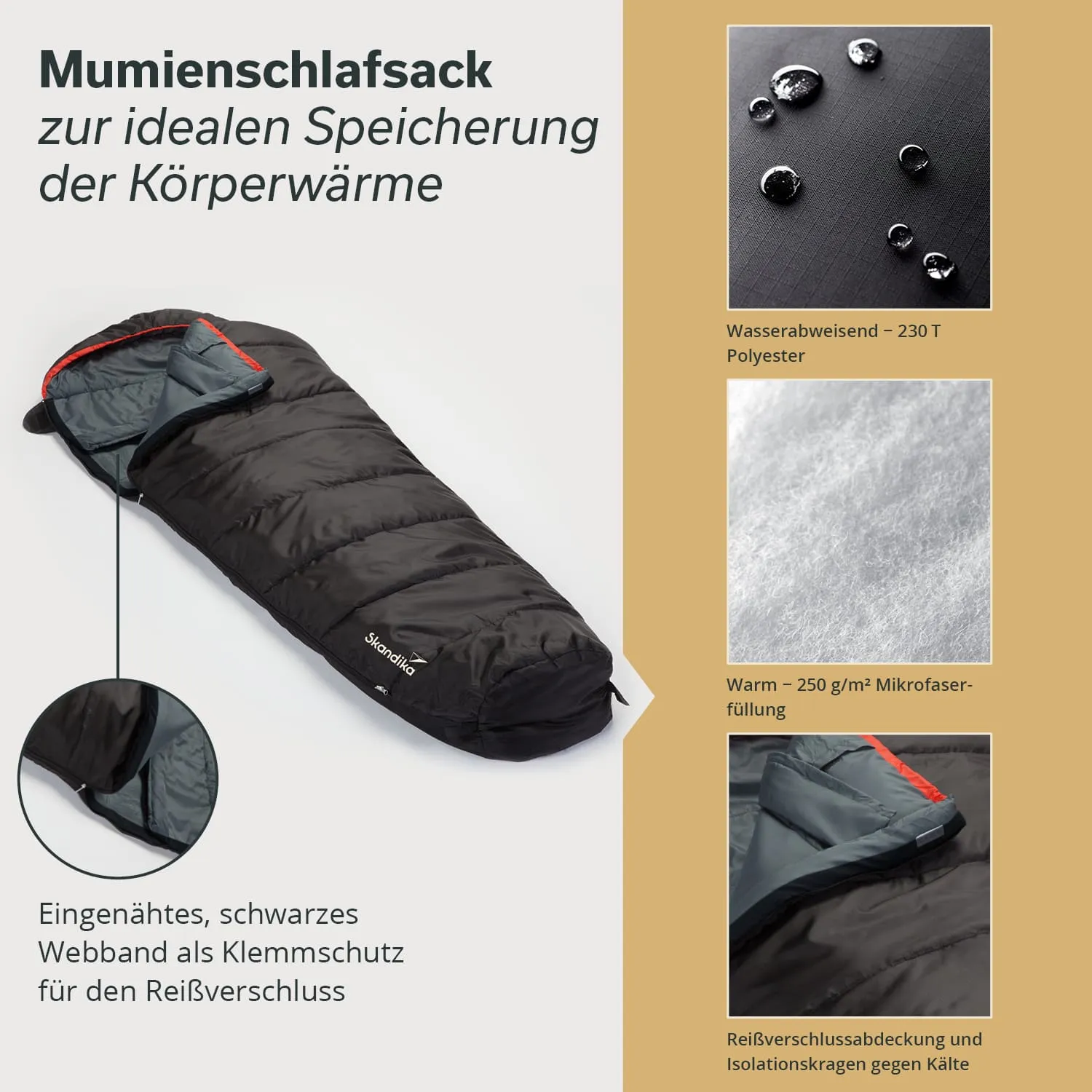 Mumien-Schlafsack in Schwarz, Details zu Materialien und Eigenschaften, wie Wasserabweisung und Füllung, im Bild angegeben.