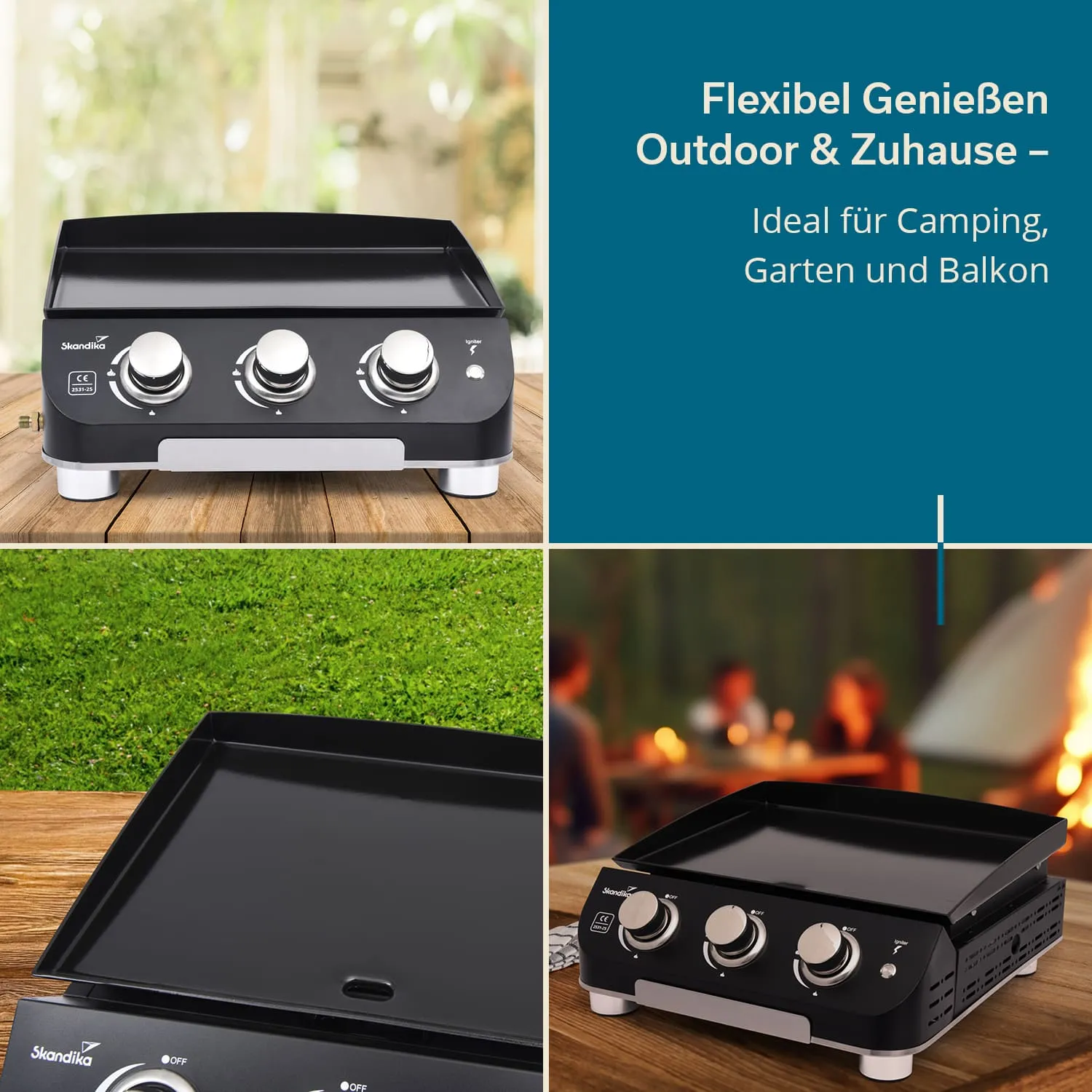 Eine schwarze Griddle mit drei Bedienelementen auf Holzuntergrund. Teile des Hintergrunds zeigen grünes Gras und ein unscharfes Lagerfeuer.