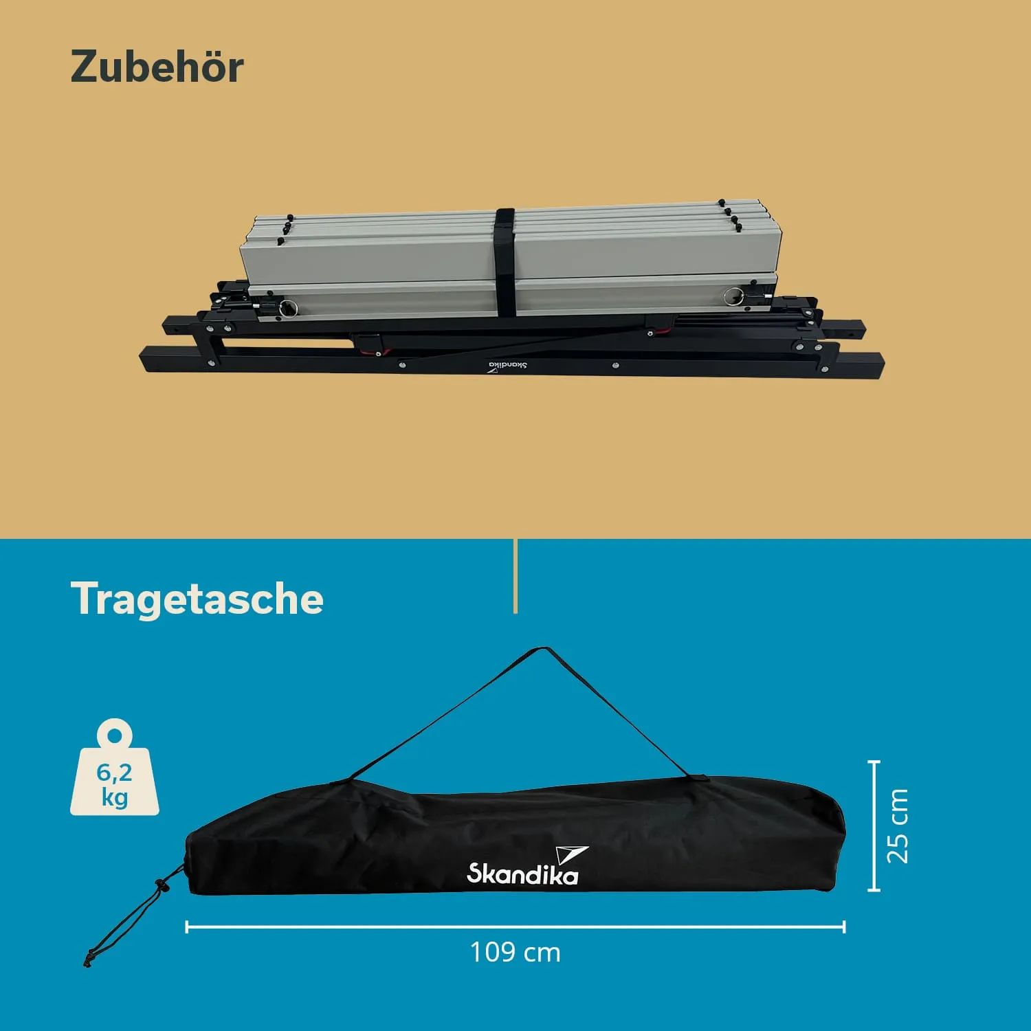 Aluminium-Zubehörteil in der oberen Bildhälfte, darunter eine schwarze Tragetasche mit Maßen und Gewicht.