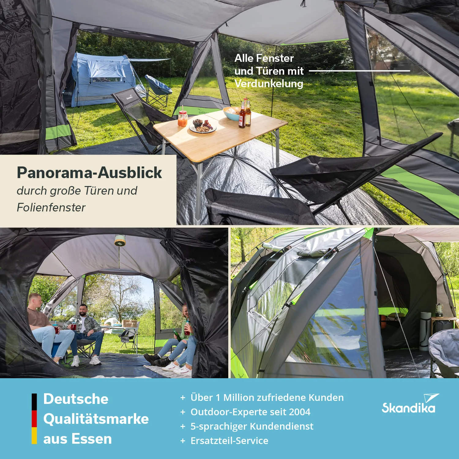 Zelt mit mehreren Fenstern und Türen, Tisch mit Getränken, Stühlen Außenbereich mit Rasen und Bäumen.