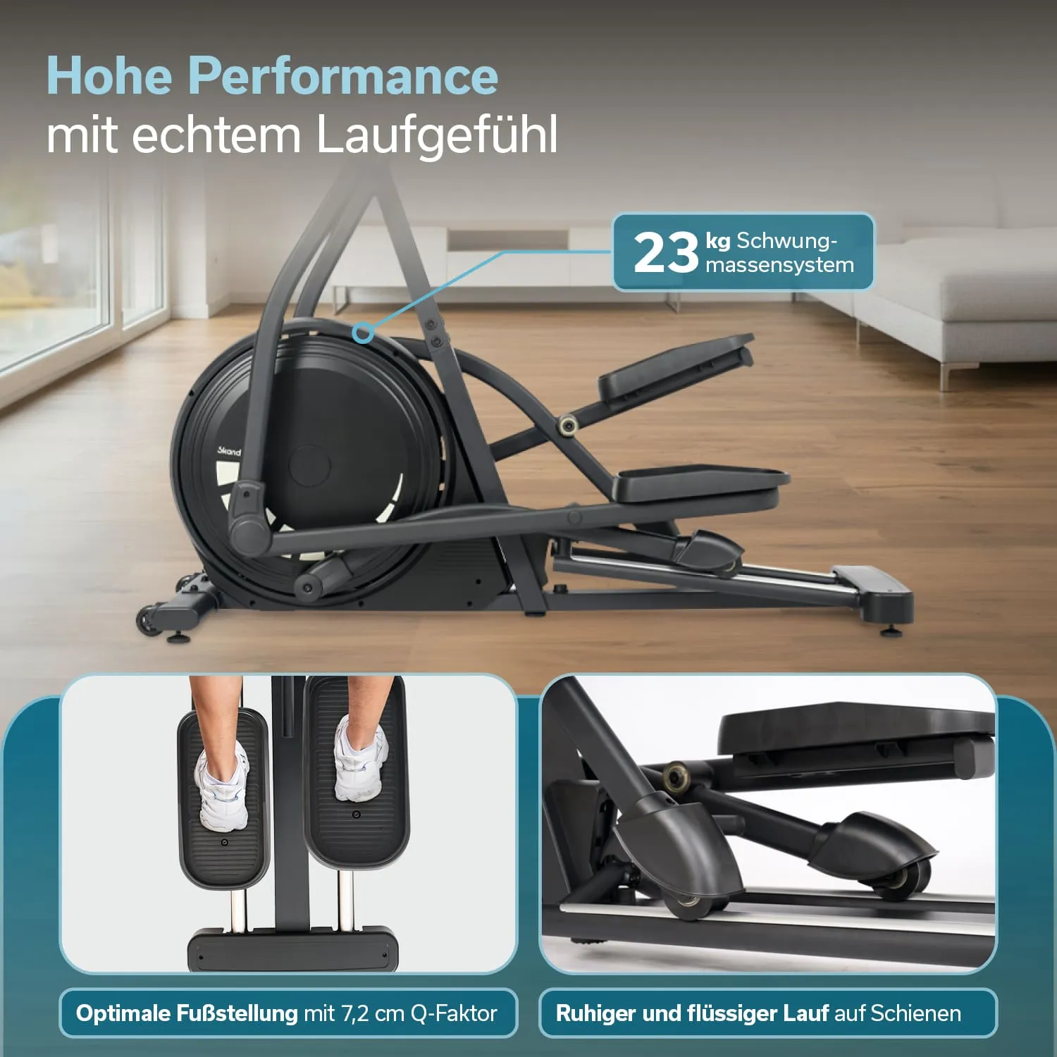 Ellipsentrainer mit ergonomischer Bauweise und großem Schwungmassensystem, auf einem Holzboden in einem hellen Raum.