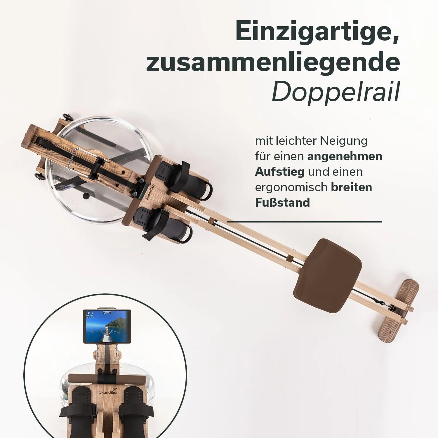 Sportgerät mit Holzrahmen und Glasbehälter, verstellbaren Fußstützen und Sitzfläche. Bildschirmhalterung sichtbar.