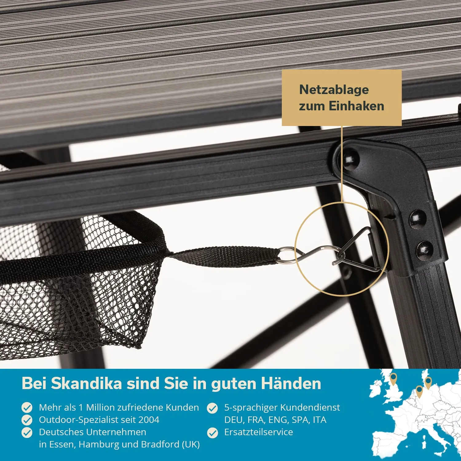 Gitterablage mit Haken an einem Gestell, darunter Textinformationen zu Netzablage und Kundenservice.