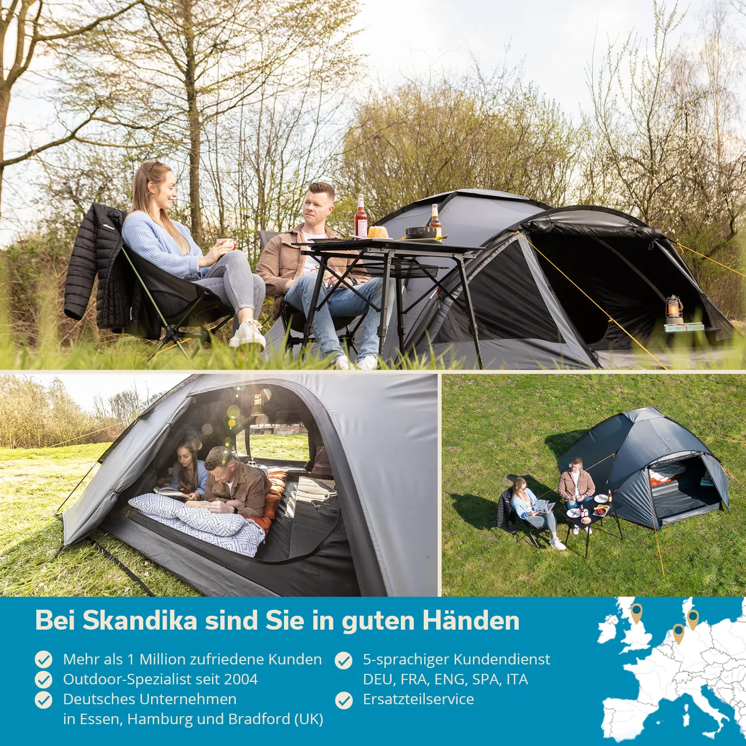Zwei Personen sitzen am Tisch unter Bäumen neben einem Zelt. Ein weiteres Zelt ist im Hintergrund sichtbar.