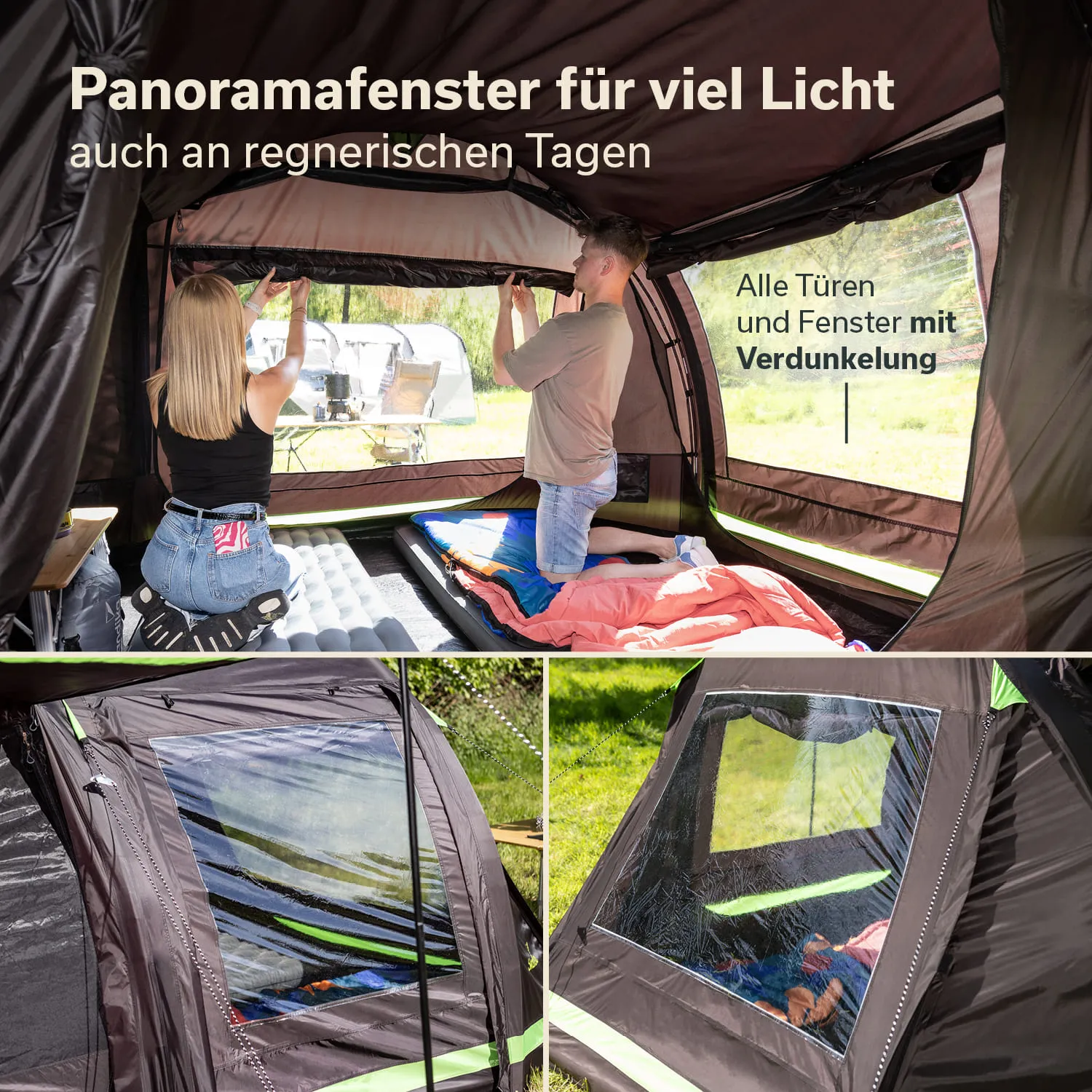 Zeltinneneinstellung mit zwei Personen, die Fenster montieren. Sichtbare Schlafmatte und Decken. Panoramafenster und Verdunkelungsoptionen.