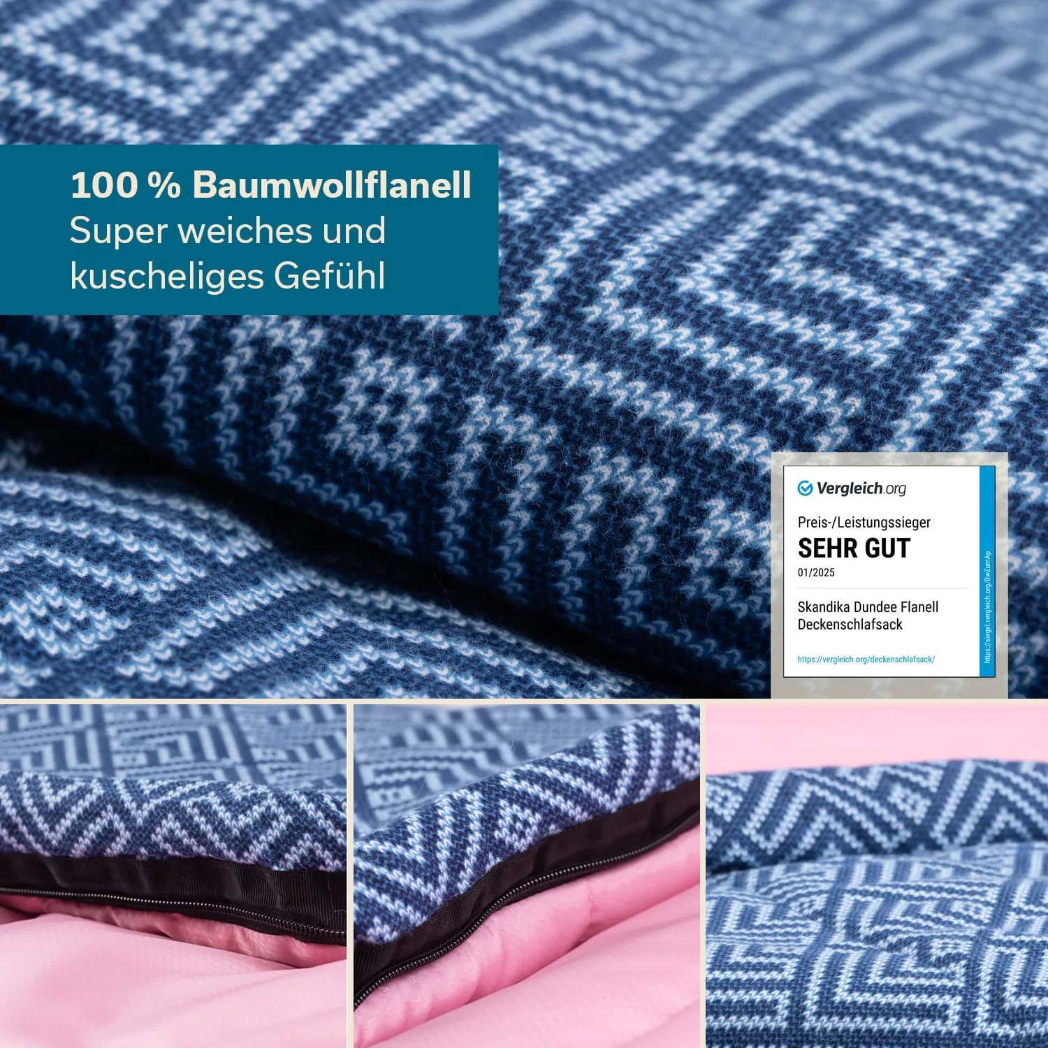 Baumwollflanell-Decken Schlafsack in blau mit geometrischem Muster. Unterseite in rosa. Zertifikat „SEHR GUT“ sichtbar.