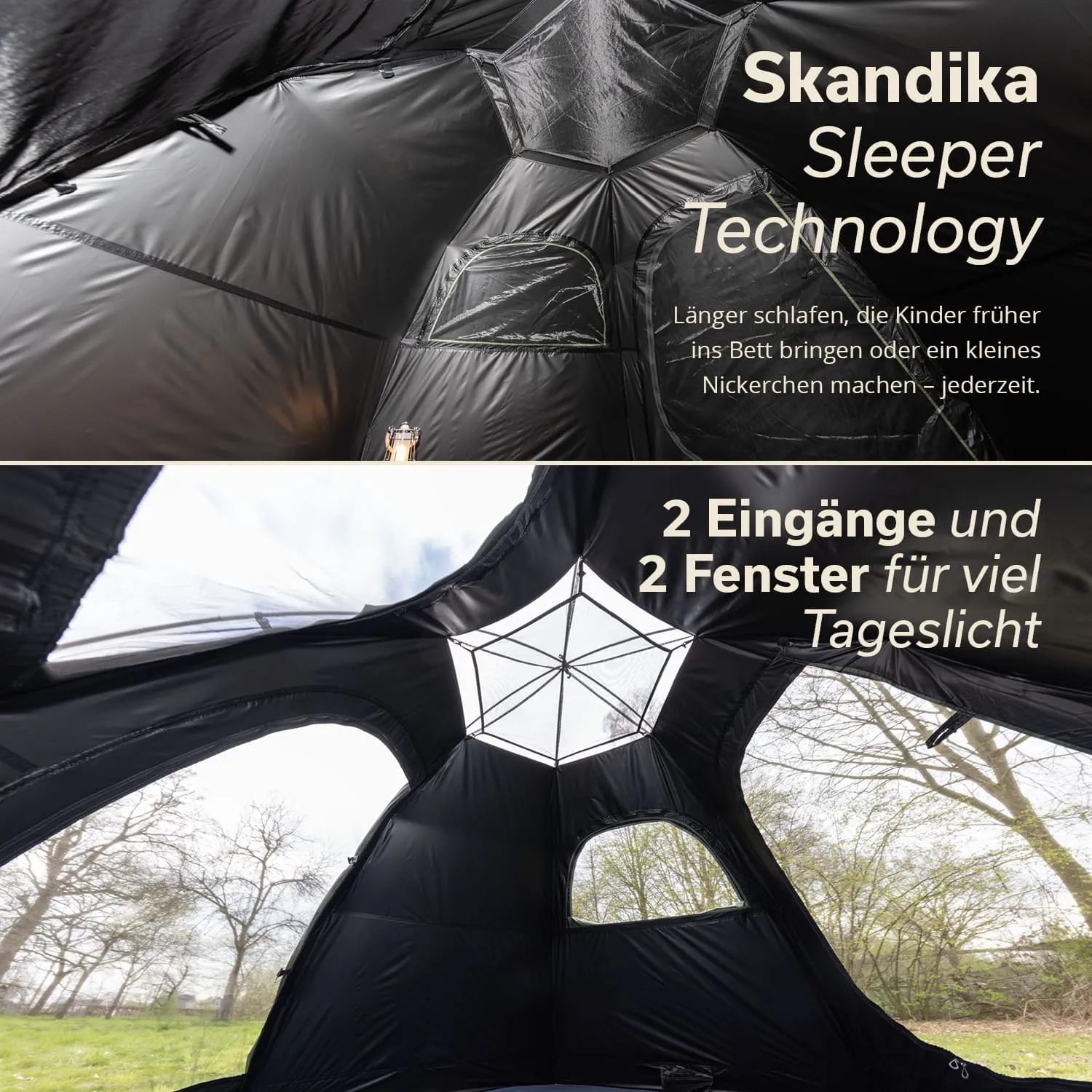 Zeltinnenseite mit schwarzem Stoff, zwei Fenstern und zwei Eingängen. Ein Licht und ein Fenster mit Tageslicht sind sichtbar.