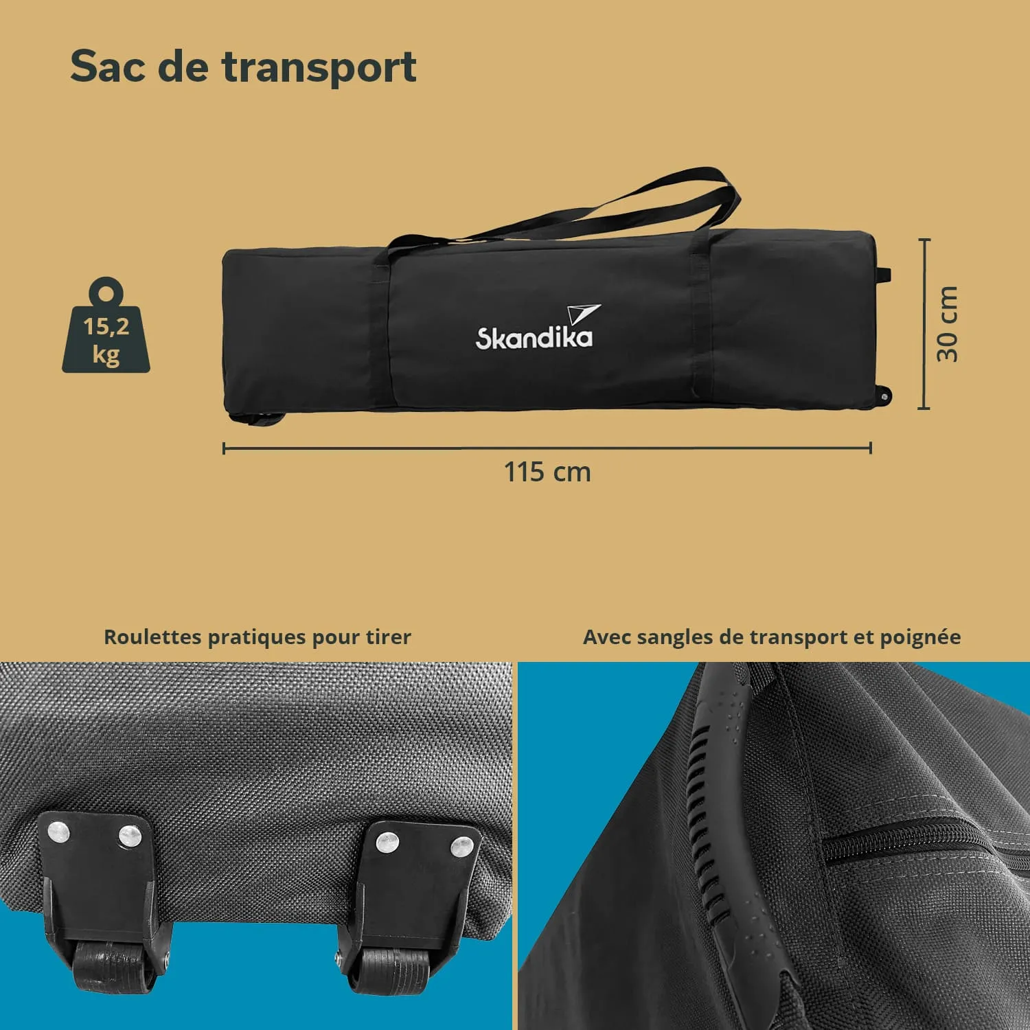 Transporttasche in Schwarz mit Maßen von 115 cm Länge und 30 cm Höhe. Geeignet für bis zu 15,2 kg. Rollen und Tragegurte sichtbar.