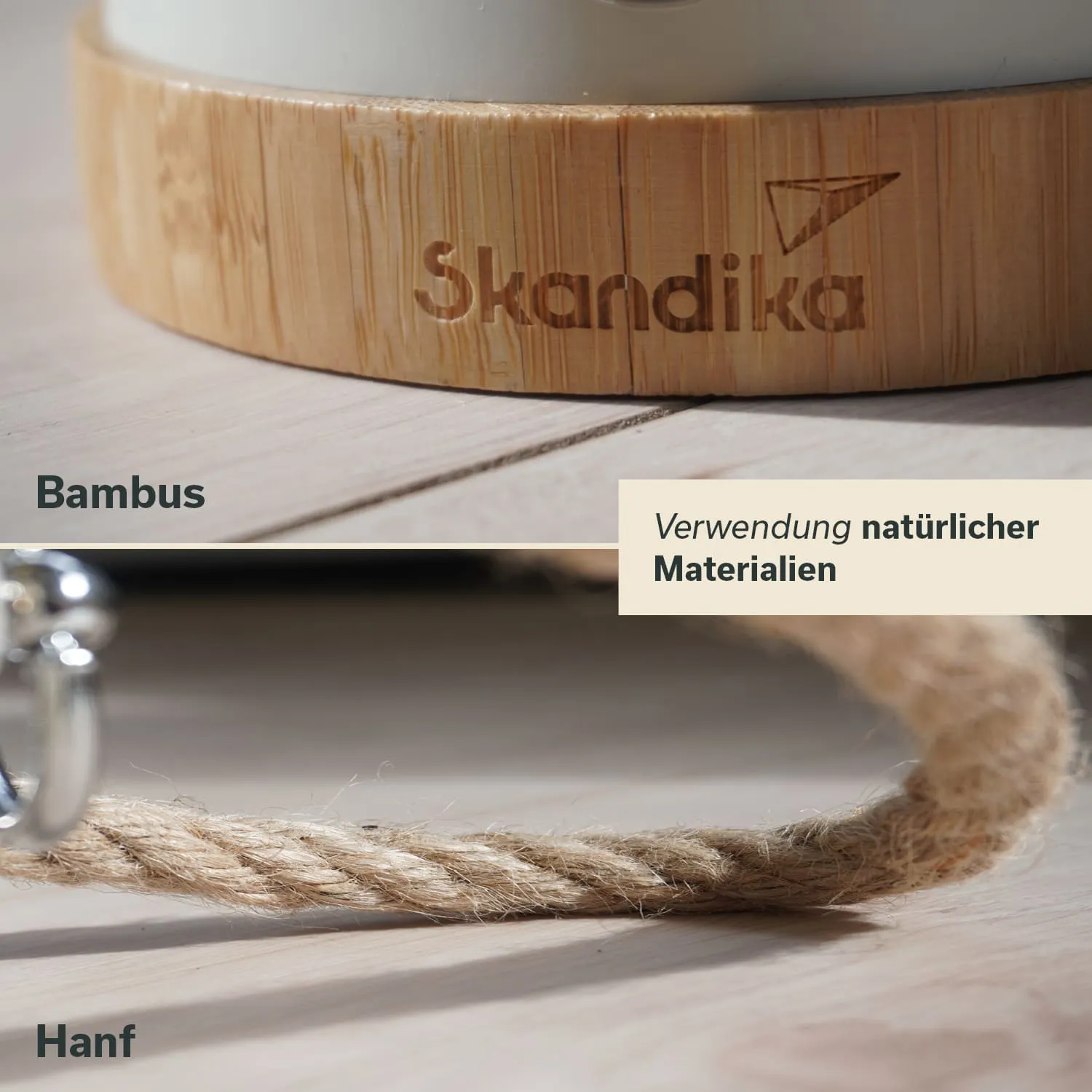Bambusunterlage mit dem Schriftzug „Skandika“ und Hanfseil auf einem hellen Untergrund. Text über natürliche Materialien.