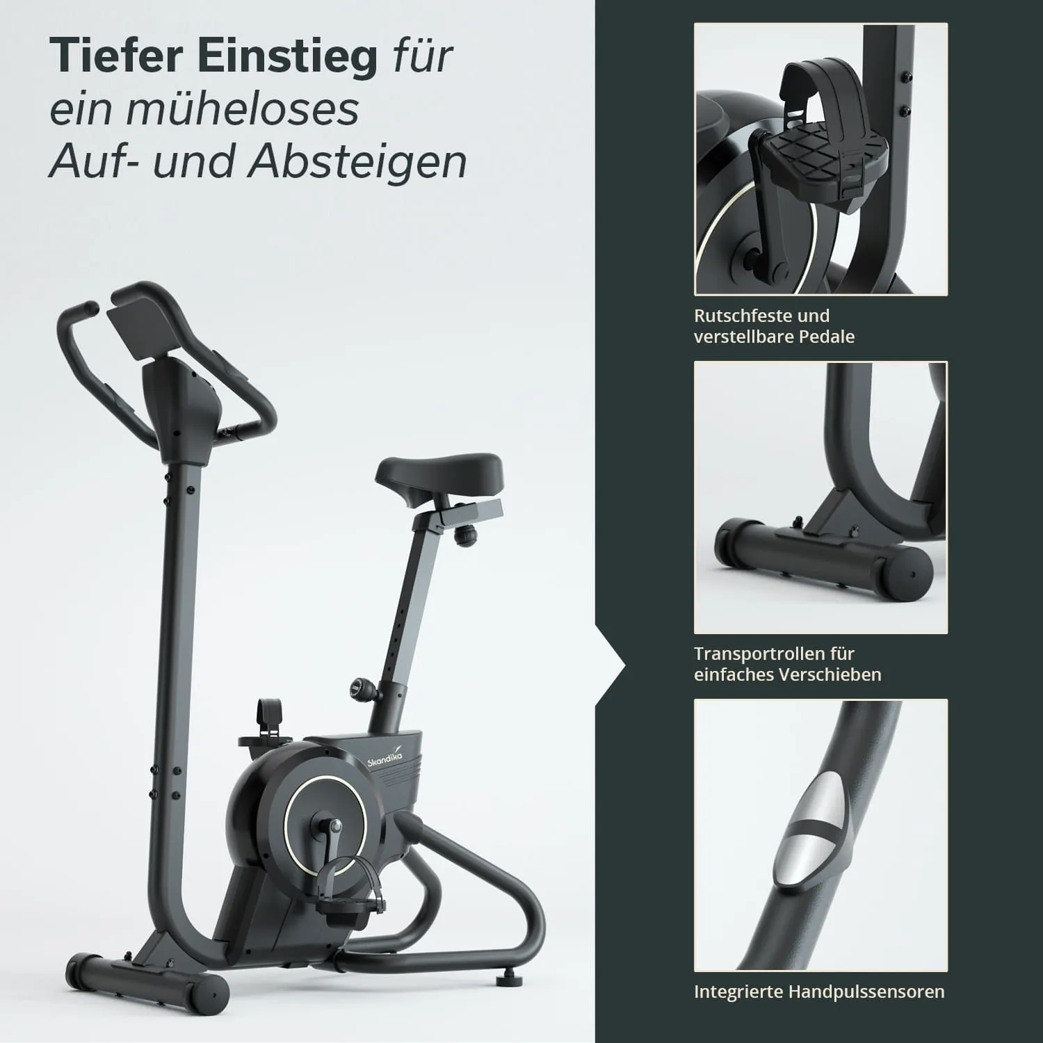 Fahrradtrainer mit tiefem Einstieg, verstellbaren Pedalen, Transportrollen und integrierten Handpulssensoren.