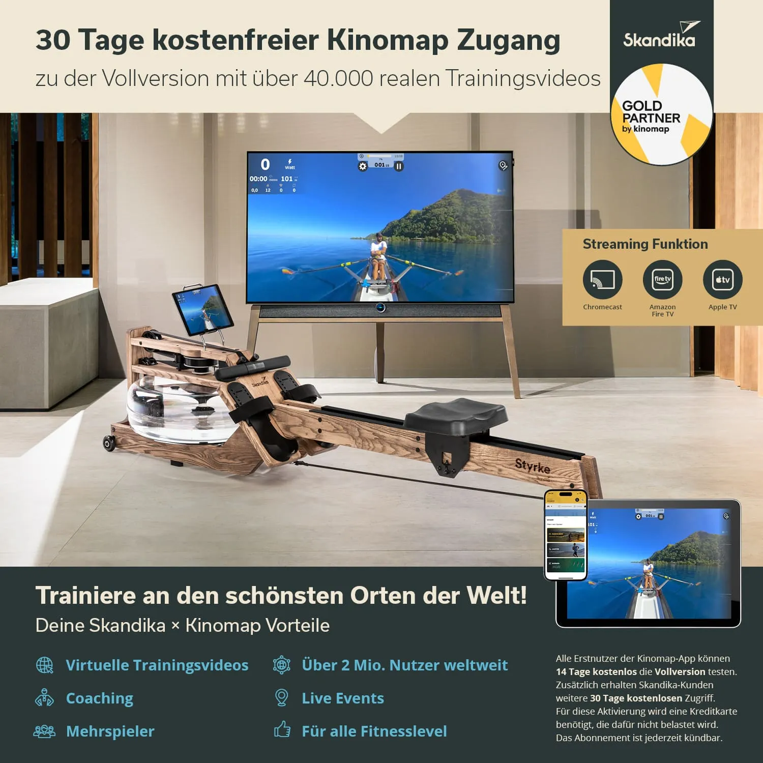 Rudergerät aus Holz mit wassergefülltem Tank, Bildschirm mit Trainingsvideo, Tablet auf Halterung, moderner Raum.