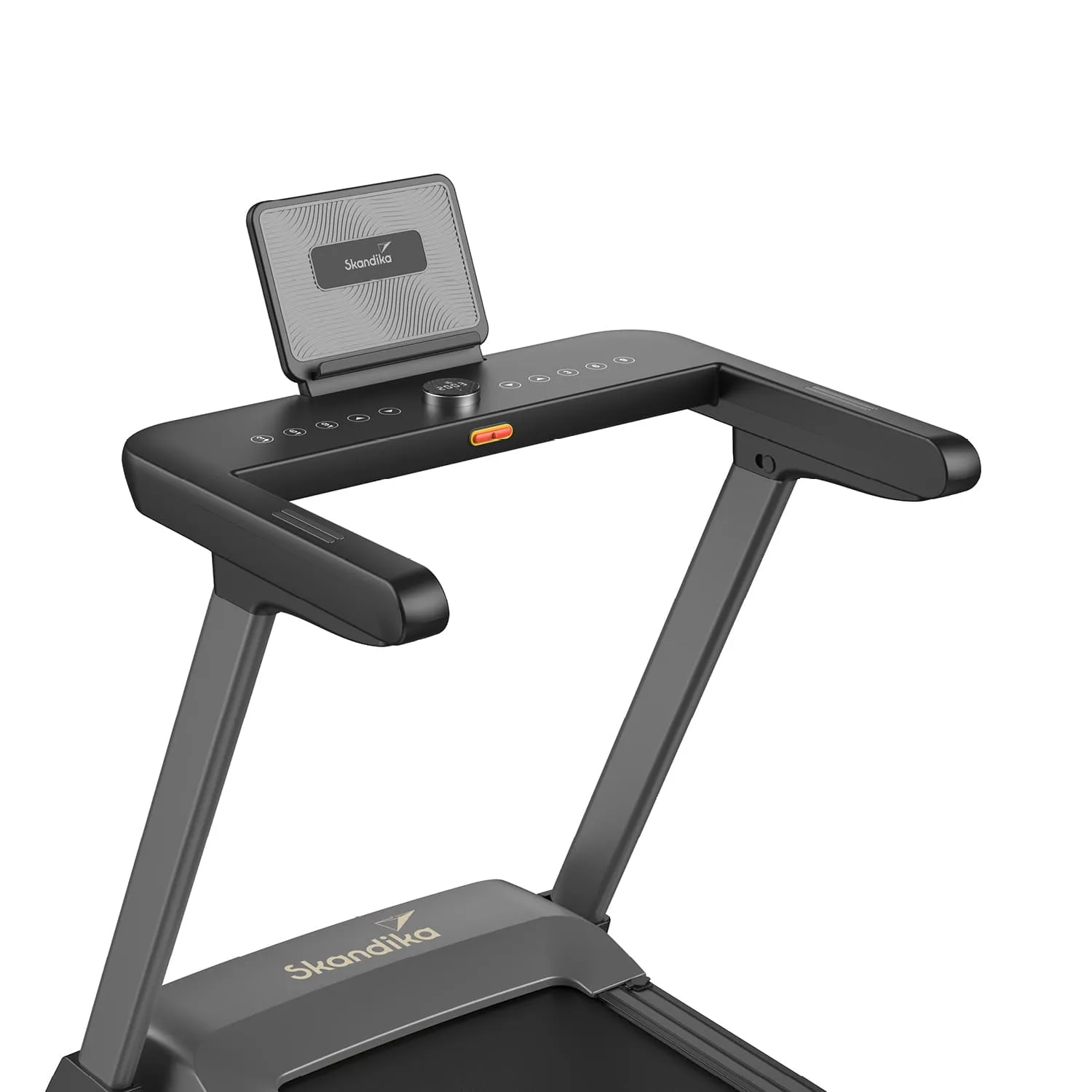 Ein Bildschirm und Bedienelemente eines Laufbands. Der Rahmen ist schwarz mit grauen Akzenten.
