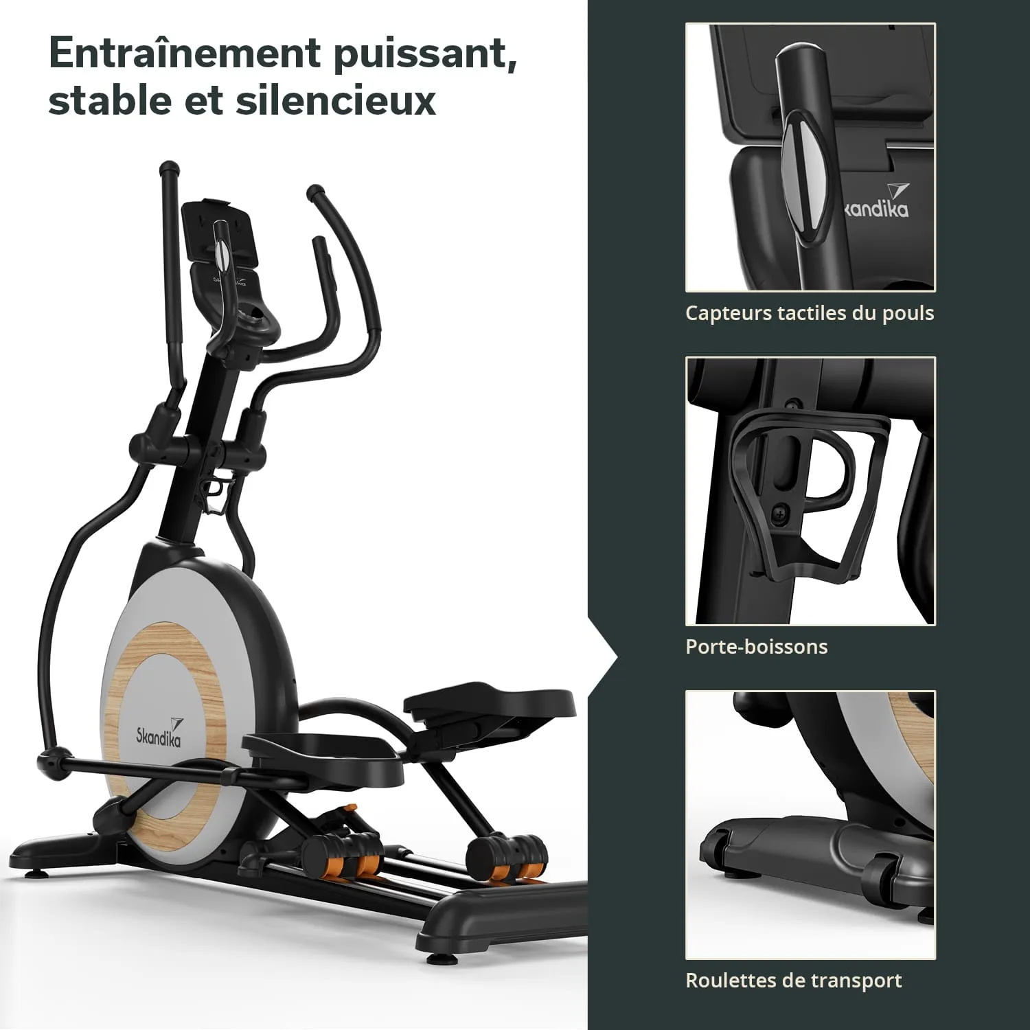 Ellipsentrainer mit Holz-Design-Elementen, Griffen, einem Getränkehalter und Transportrollen. Klassen in schwarzer Farbe.