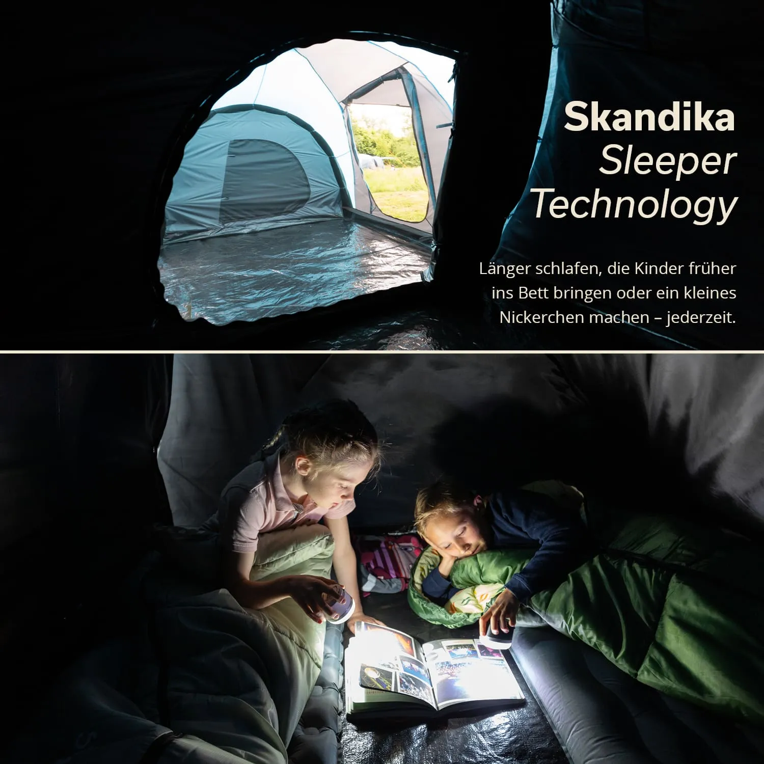 Zelt innen mit zwei Kindern, die in Schlafsäcken liegen. Eines liest ein Buch mit Taschenlampe, beide schauen interessiert.