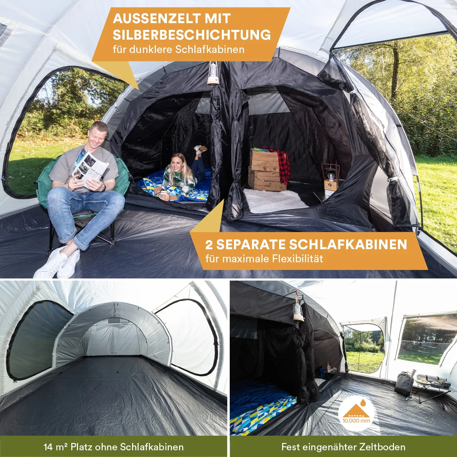 Zelt mit zwei separaten Schlafkabinen, innen ausgestattet mit einer Decke und Kissen. Eine Person sitzt auf einem Stuhl, eine andere auf dem Boden. Draußen ist Gras sichtbar.