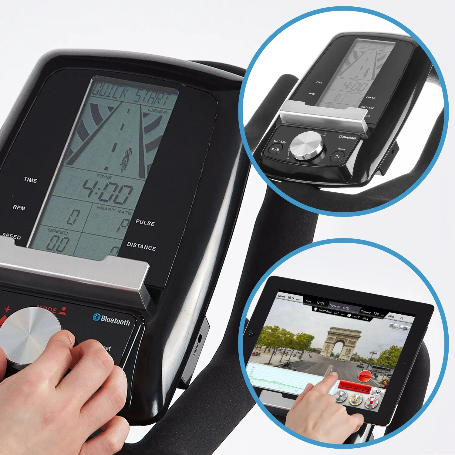 Display eines Fitnessgeräts mit Steuerungselementen, dazu ein Tablet mit einer Stadtansicht auf dem Bildschirm.