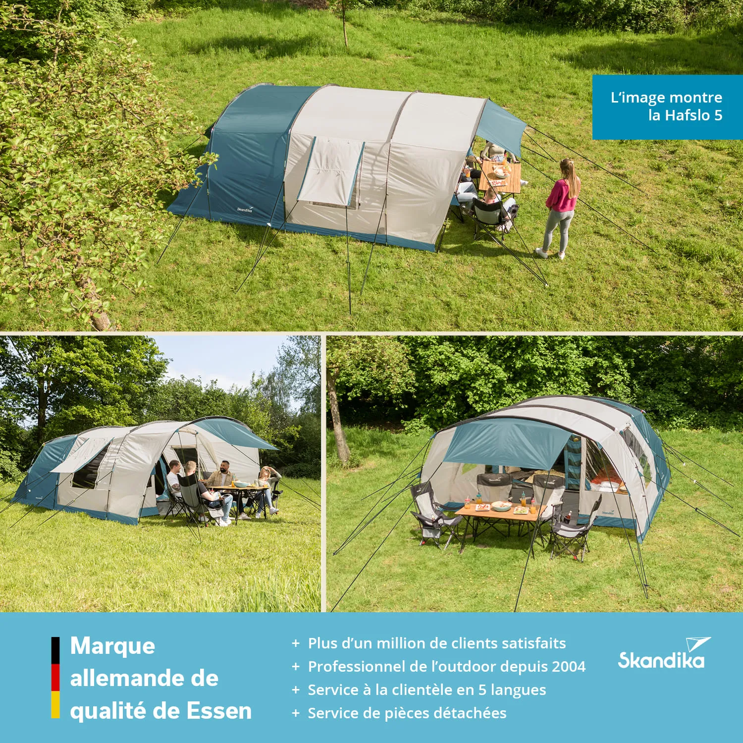 Zelt in verschiedenen Ansichten auf einer Wiese, umgeben von Bäumen. Teller und Stühle sind sichtbar.