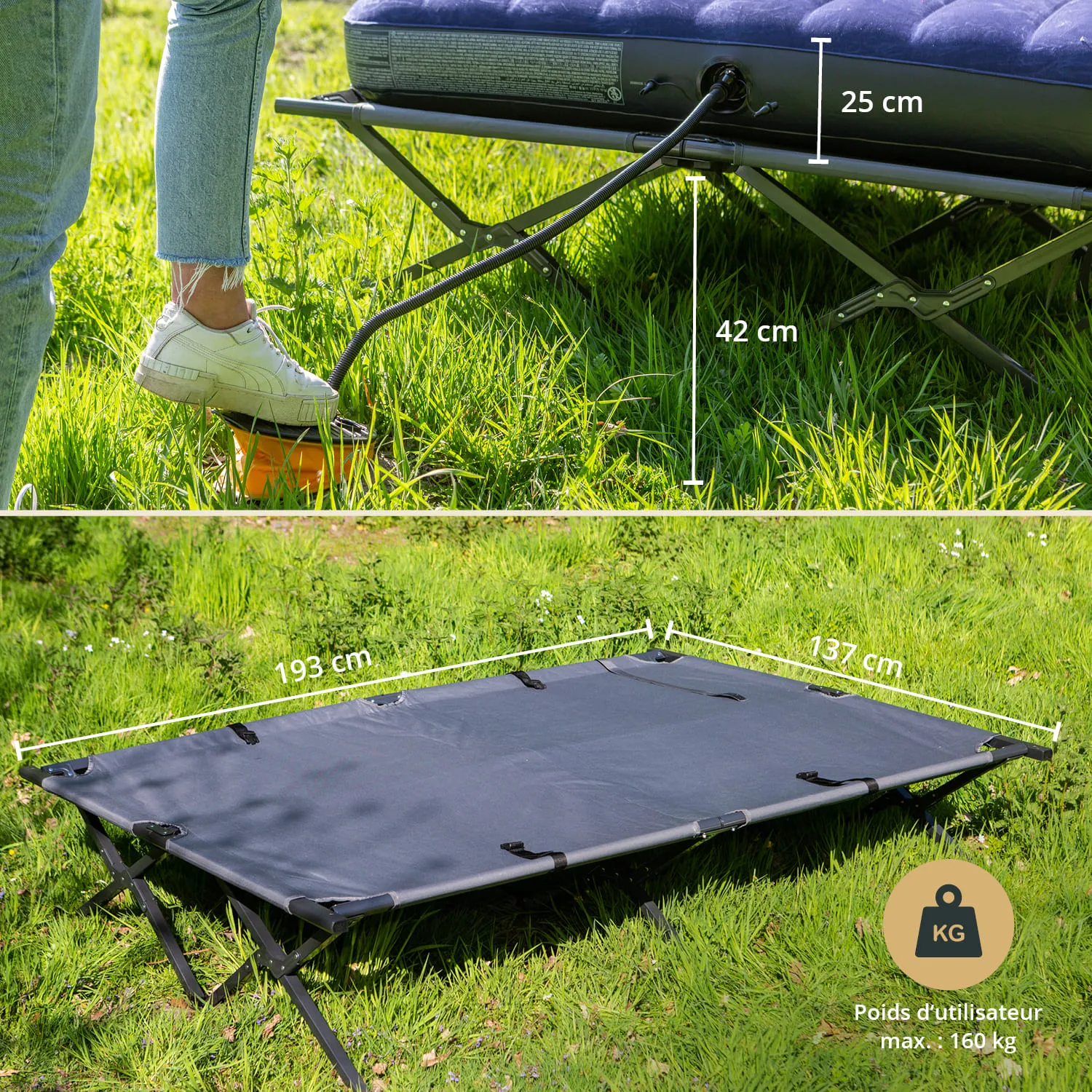 Faltbare Campingliege auf grünem Gras mit Maßen und einem Fuß, der auf eine Pumpe zeigt. Die Liege ist schwarz und kompakt.