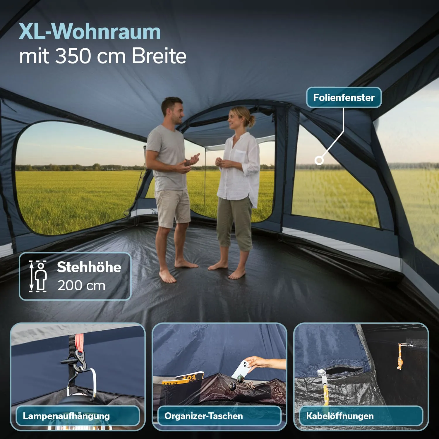 Zeltinneres mit zwei Personen. Große Fenster, Stehhöhe 200 cm. Anzeigen für Lampe, Organizer-Taschen und Kabelöffnungen.