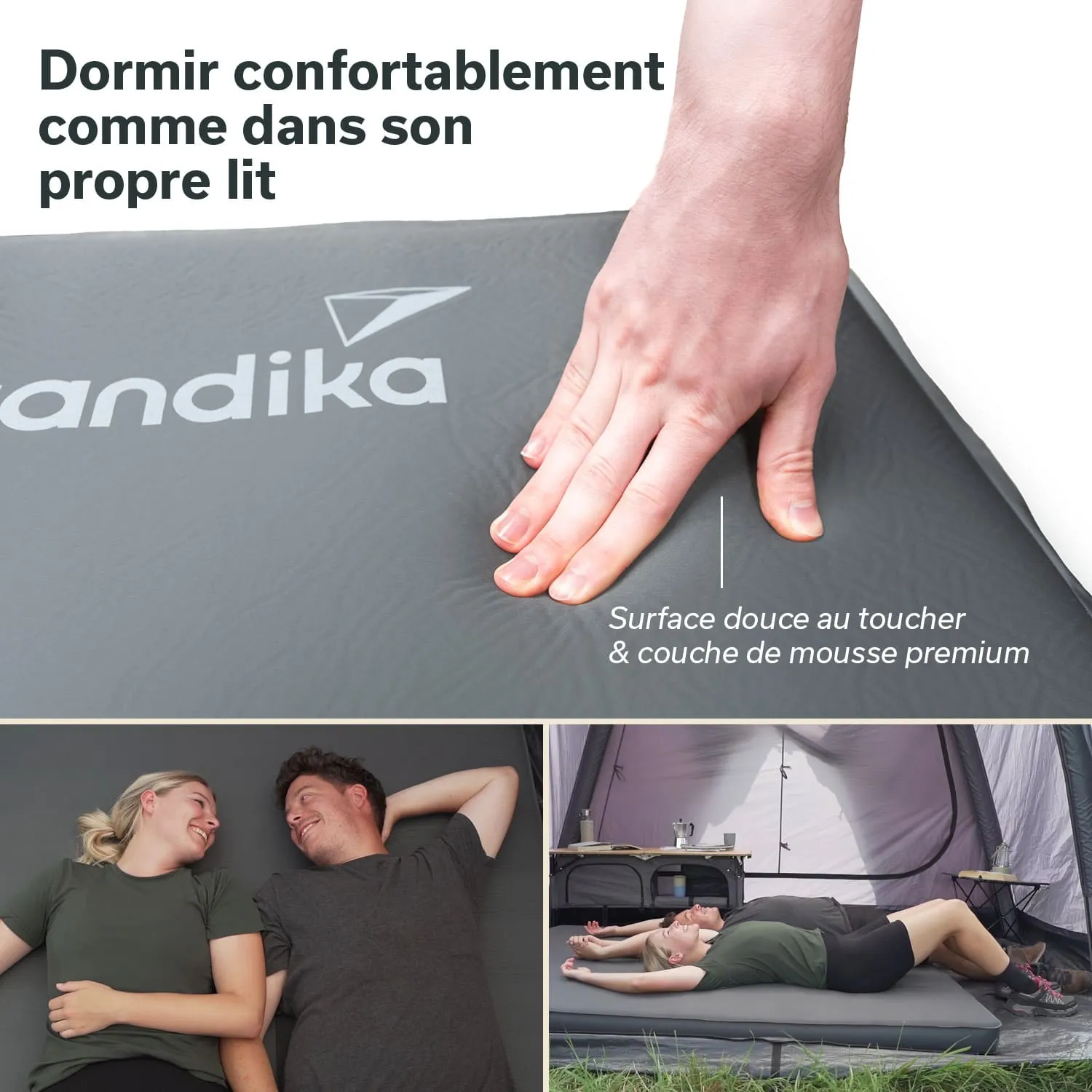 Eine Hand drückt auf eine graue Matte mit dem Logo „Kandika“. Unten liegen zwei Personen entspannt in einem Zelt.