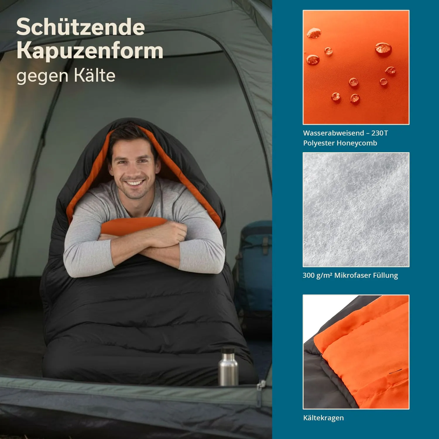Schlafsack in einem Zelt, eine Person lächelt darin, orangefarbene Innenfarbe, daneben technische Details zum Schlafsack.