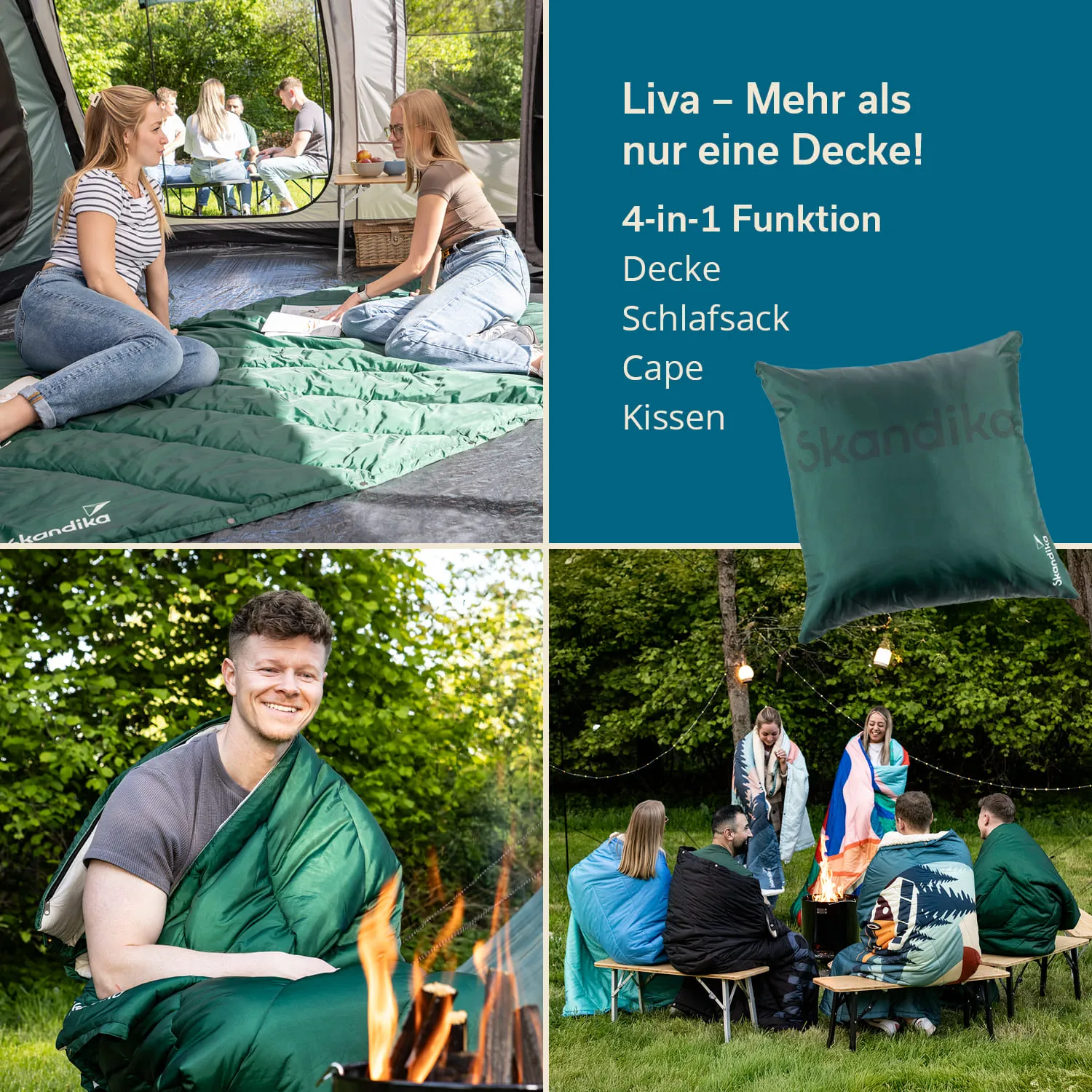 Verschiedene Personen in einem Zelt und im Freien verwenden eine grüne Decke bei einer geselligen Zusammenkunft.