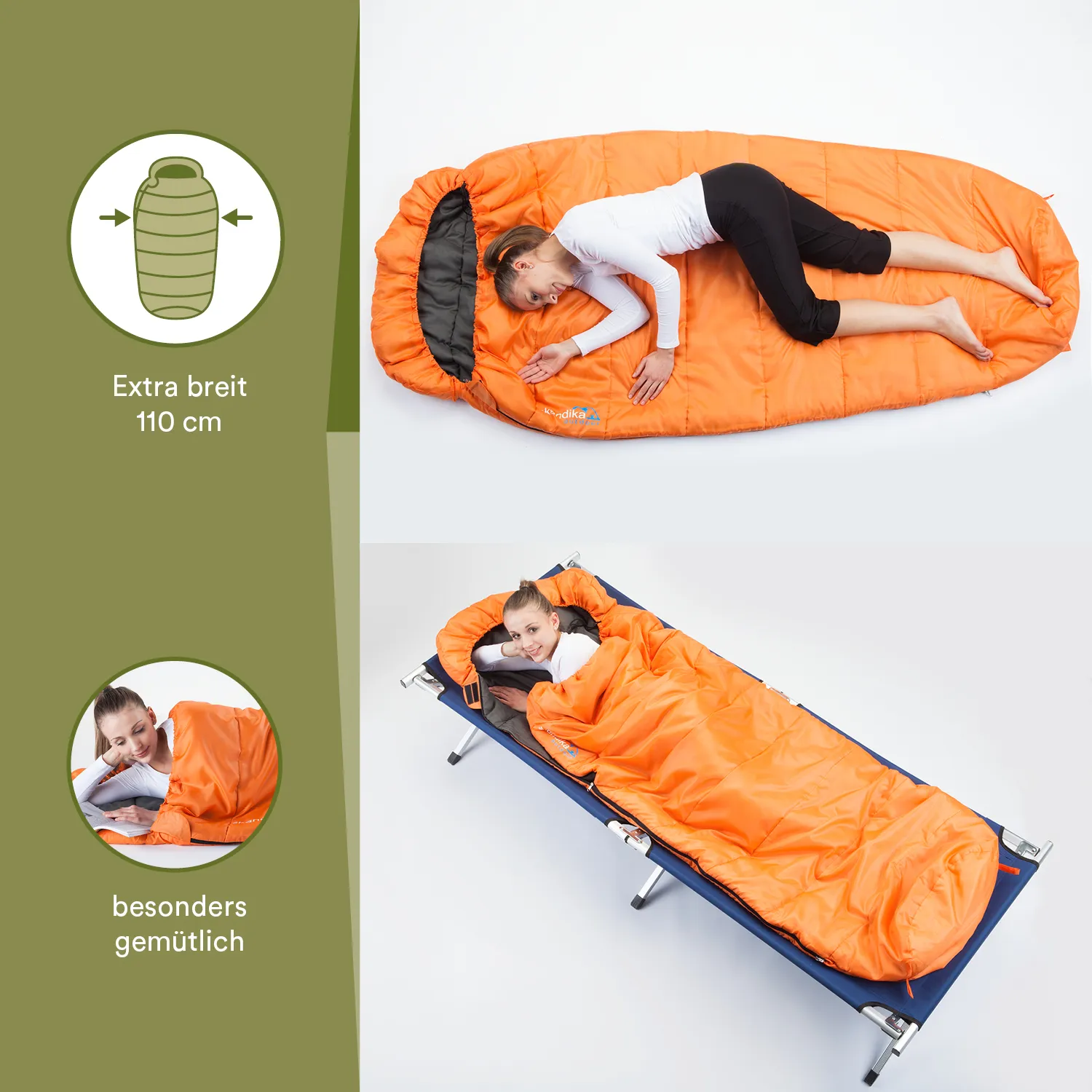 Ein orangefarbener Schlafsack ist auf einem weißen Hintergrund zu sehen. Eine Person liegt darin, während eine andere oben rechts in einem Feldbett mit ebenfalls orangefarbenem Schlafsack entspannt.