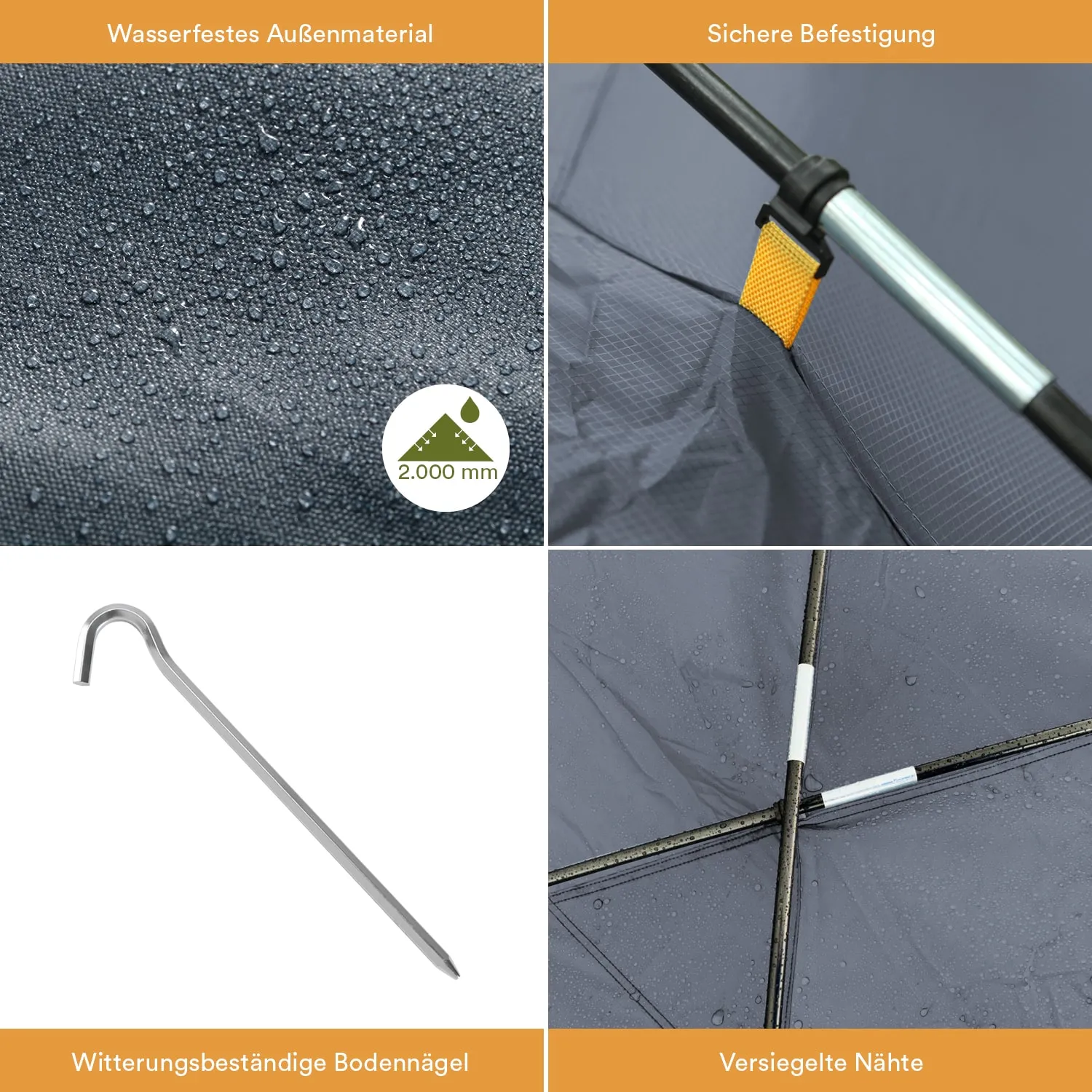 Details von Zelten: Wasserfestes Material, sichere Befestigung, Wetterbeständige Bodennägel und versiegelte Nähte.