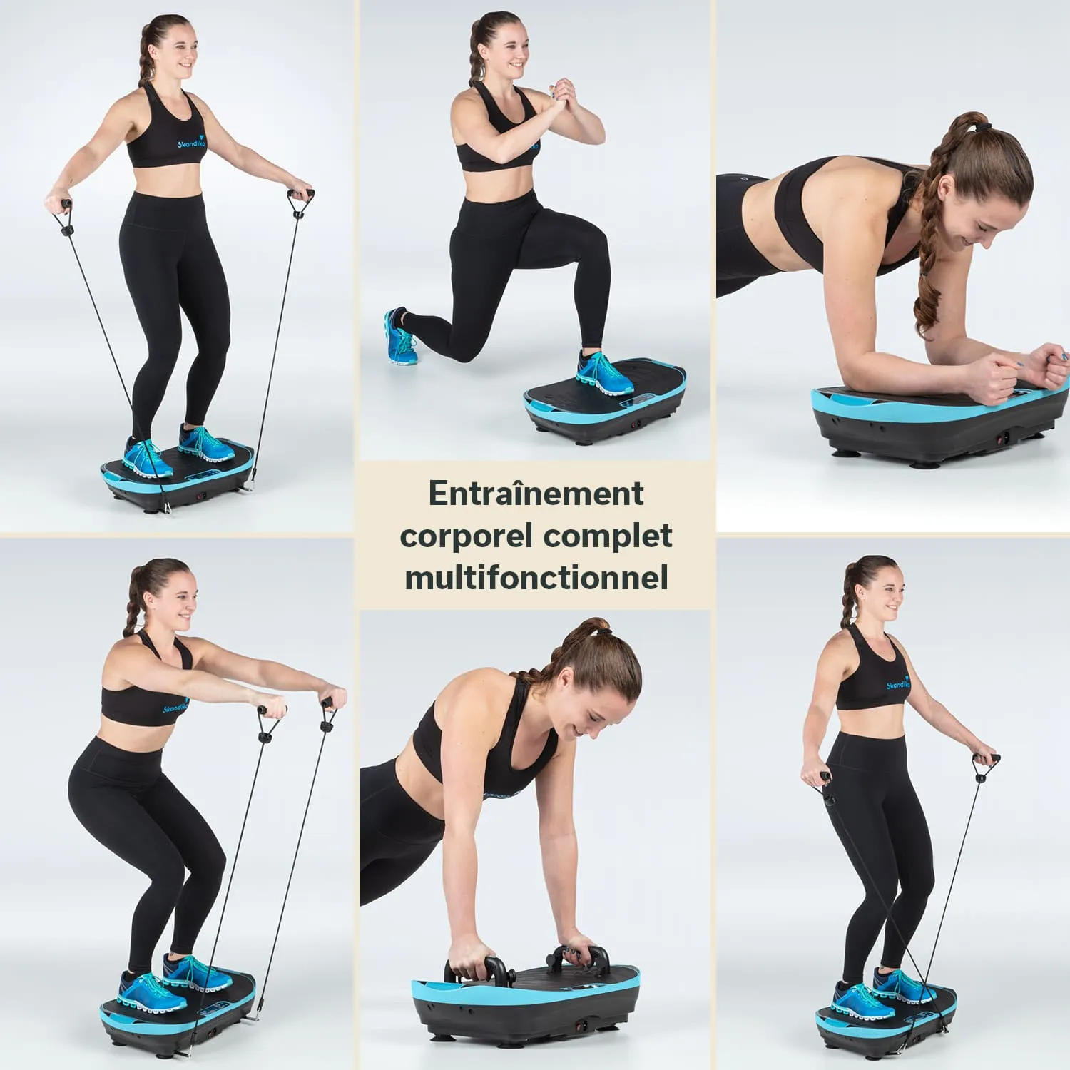 Eine Person in Sportbekleidung führt verschiedene Übungen auf einem multifunktionalen Fitnessgerät aus. Das Gerät hat eine blaue Oberfläche.