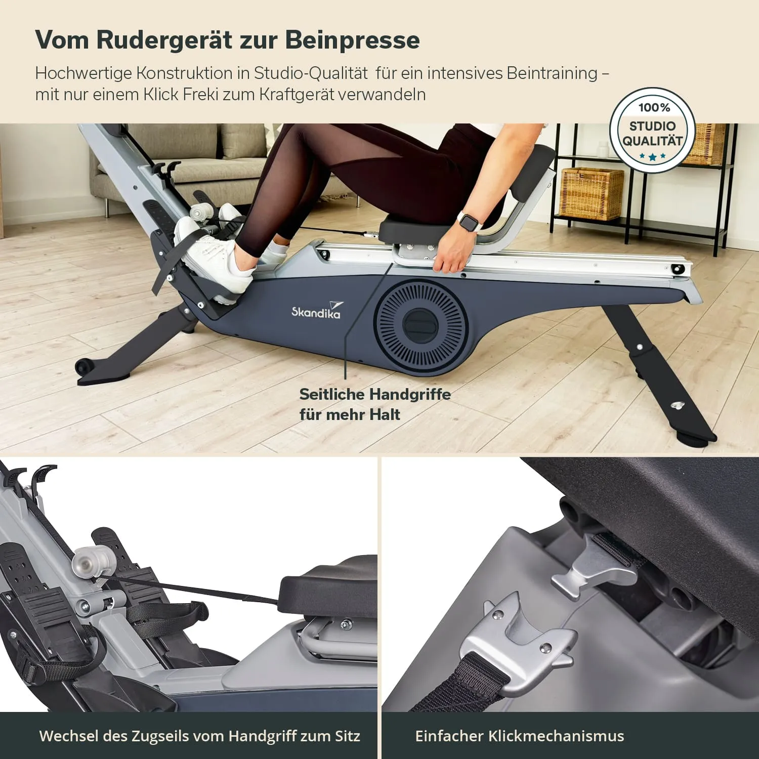 Rudergerät, das auch als Beinpresse verwendet werden kann. Seitliche Handgriffe und Klickmechanismus sichtbar. Holzfußboden.