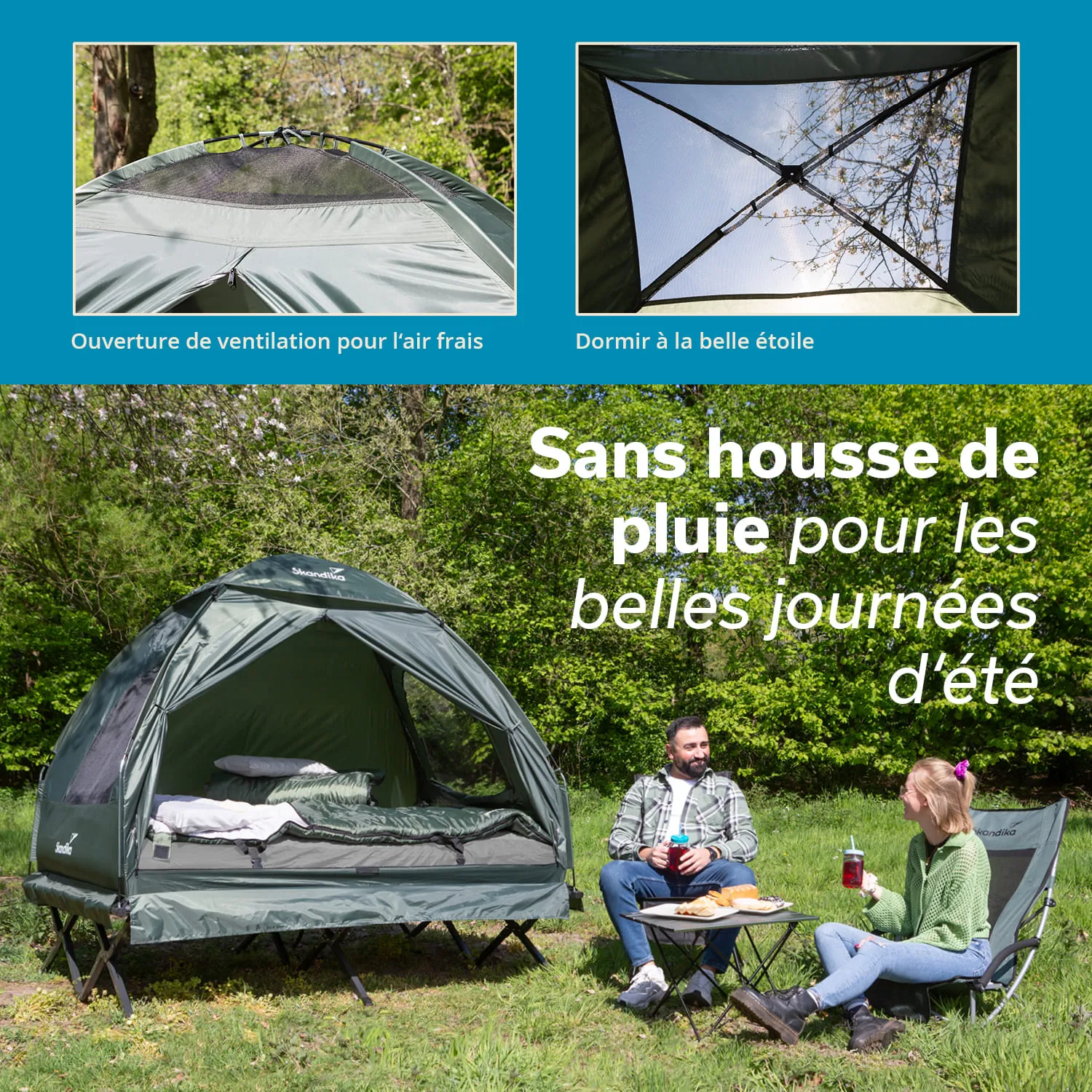 Zelt im Freien mit Bett und Ventilation, daneben sitzende Personen mit Getränken, umgeben von Bäumen und Gras.