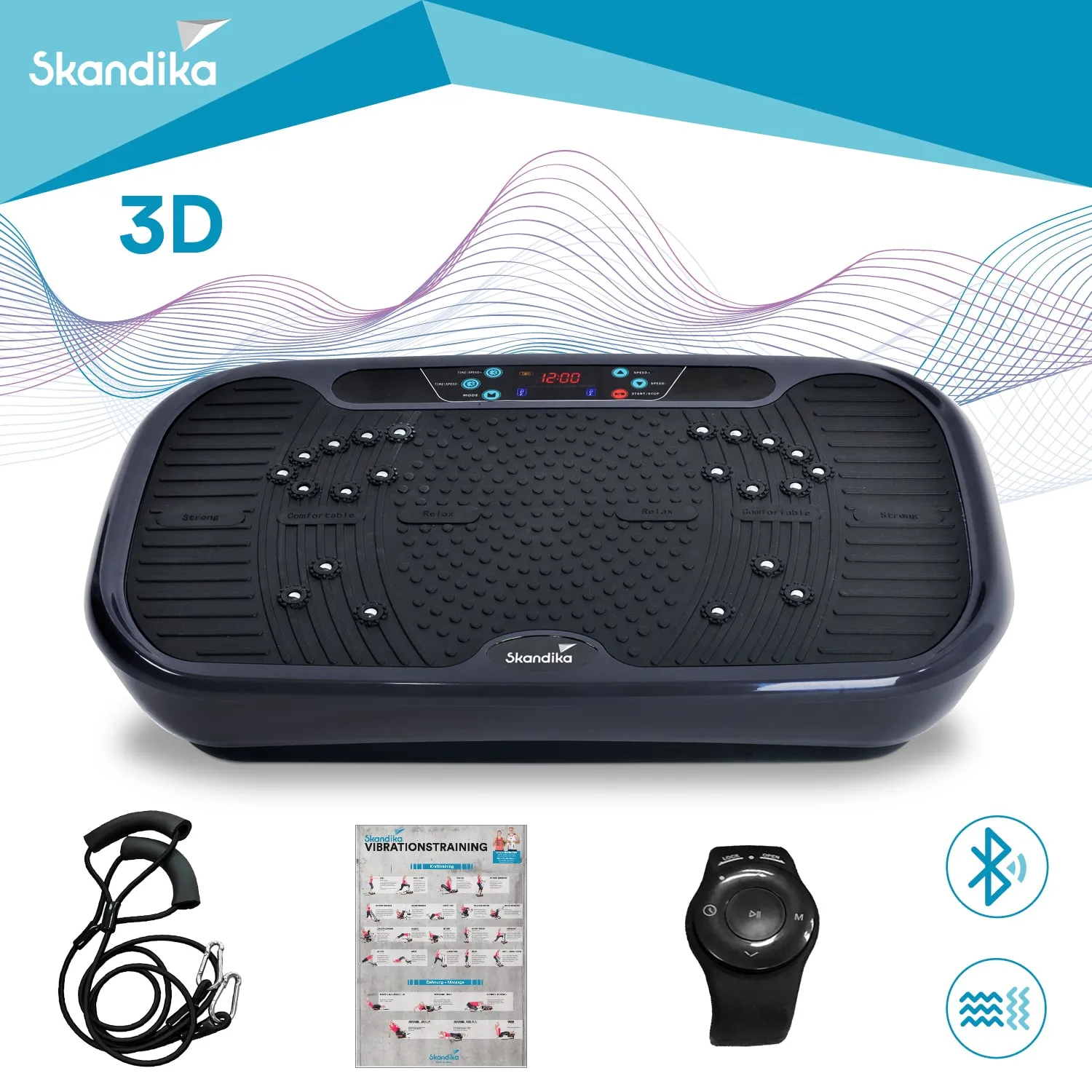 Vibrationsplatte mit Bedienfeld, Unterlage und Zubehör wie Seilhandgriffe, Übungsanleitung und Fernbedienung.