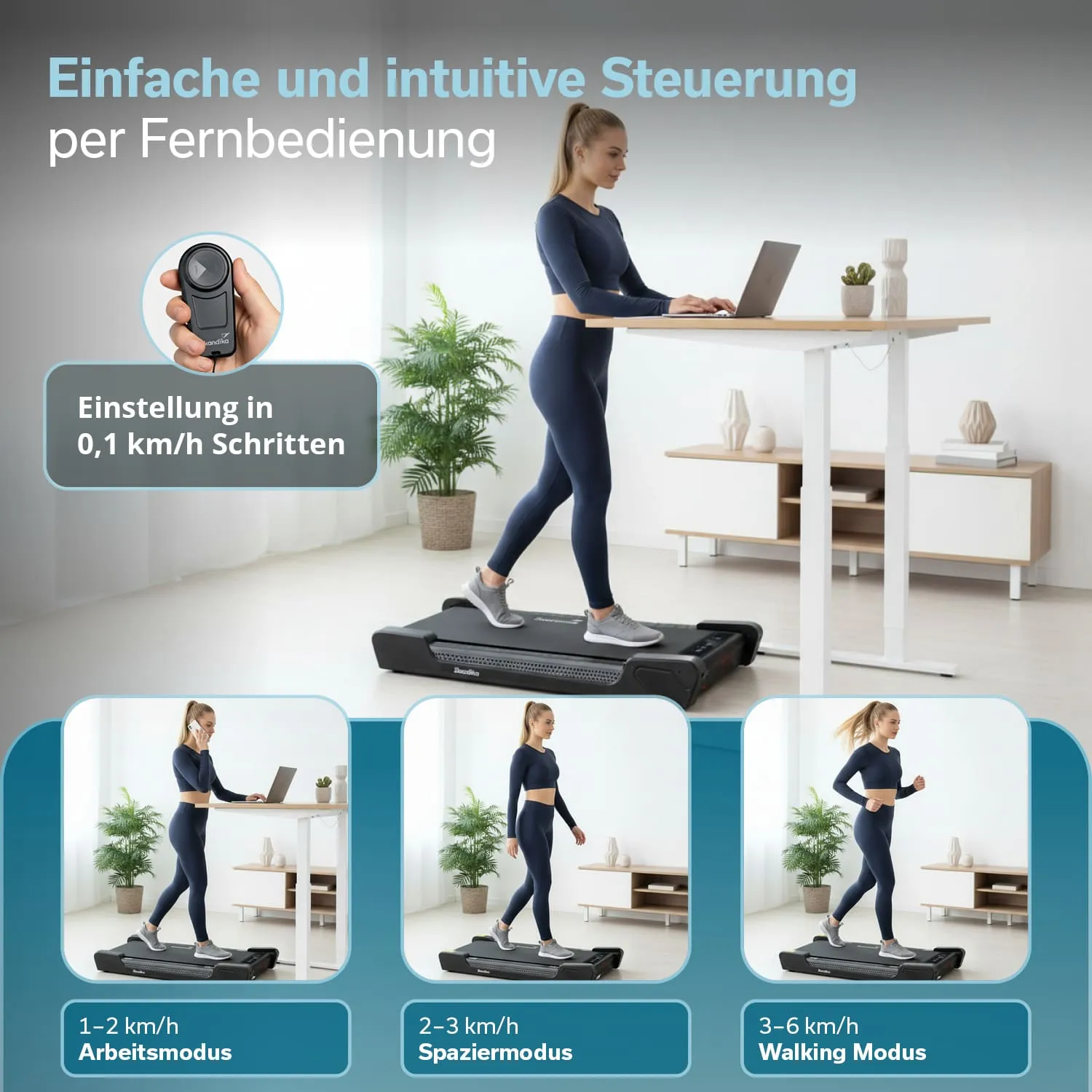 Person geht auf einem Laufband unter einem Stehpult und nutzt einen Laptop. Fernbedienung und verschiedene Geschwindigkeitsmodi sind abgebildet.