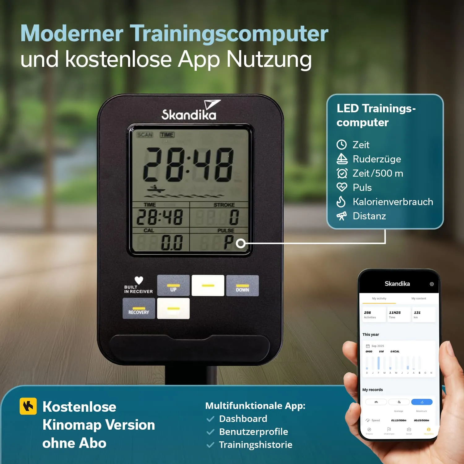 Moderer Trainingscomputer mit digitalem Display, zeigt Zeit, Kalorienverbrauch, Puls und Distanz. Zusätzlich App-Schnittstelle.
