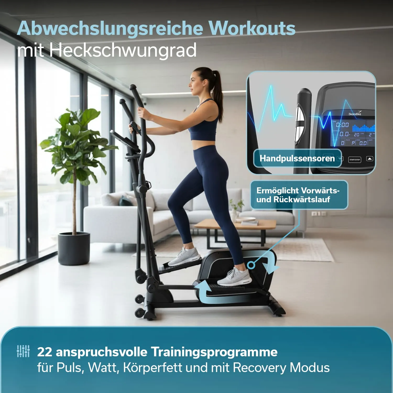 Eine Person verwendet ein Trainingsgerät in einem modernen Raum mit Fenster. Neben dem Gerät sind Informationen zu Trainingsprogrammen dargestellt.