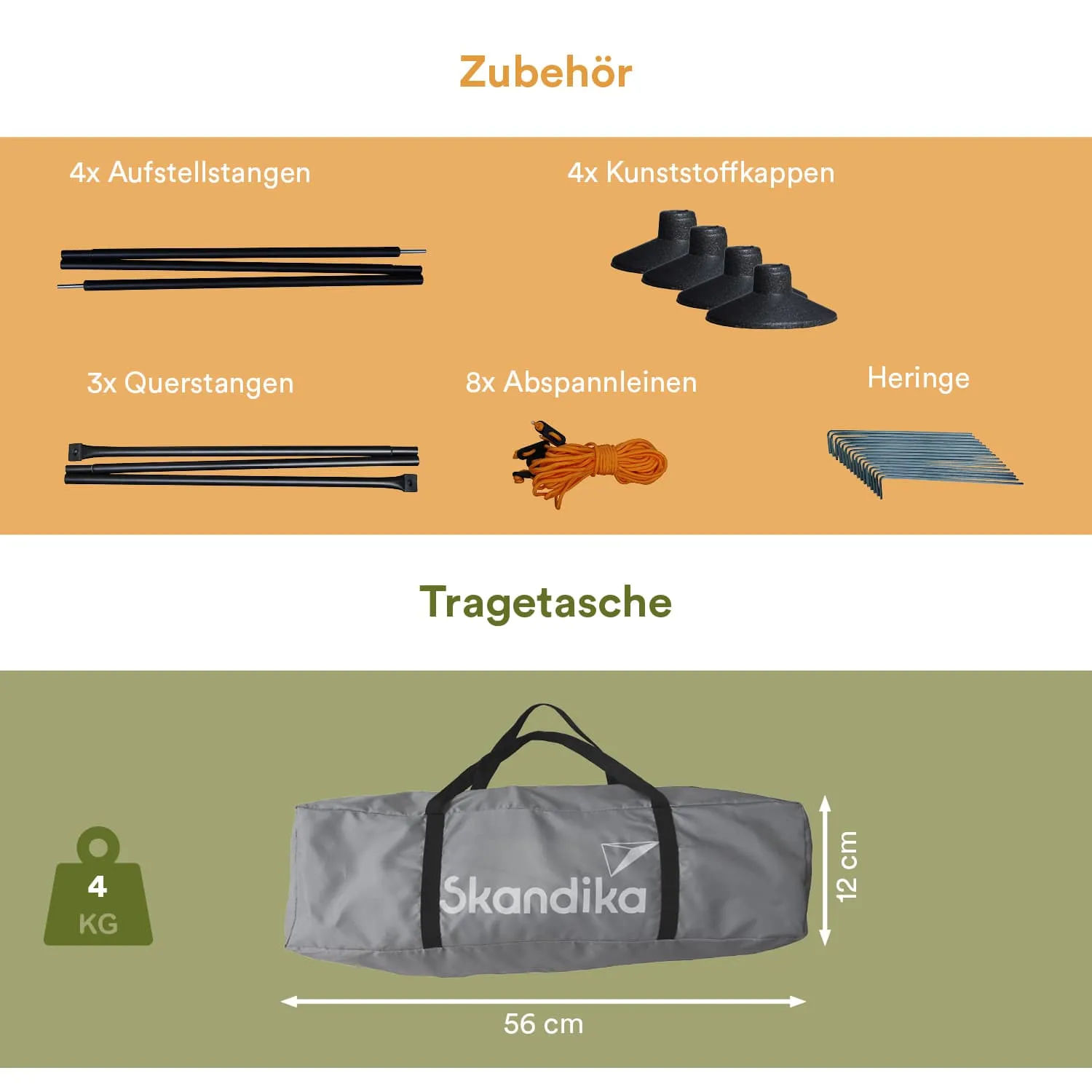 Zubehör für ein Zelt: Aufstellstangen, Kunststoffkappen, Quer- und Abspannstangen, Heringe. Darunter eine graue Tragetasche.