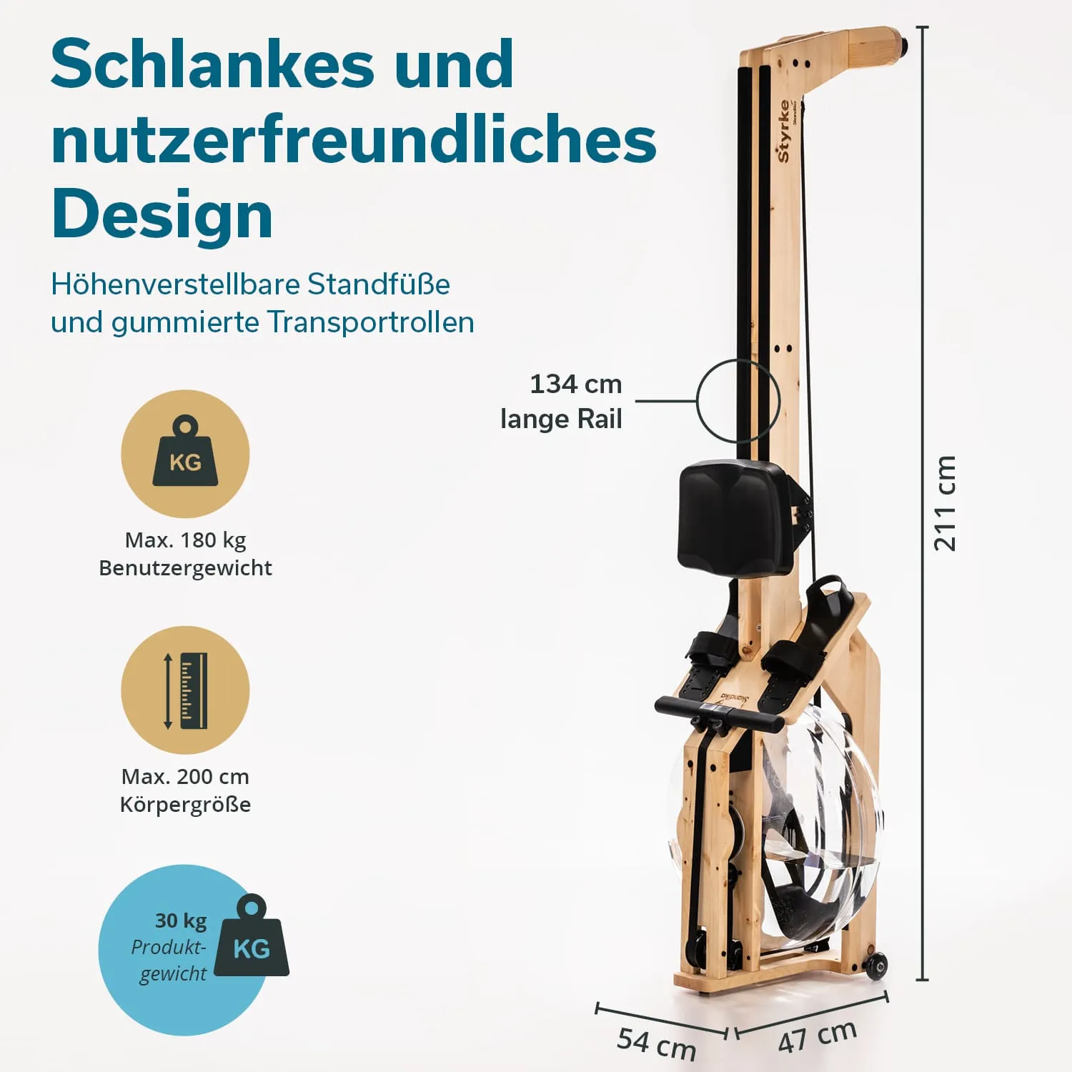 Rudergerät aus Holz mit verstellbaren Füßen, einer langen Rail von 134 cm und gummierten Transportrollen. Abmessungen sind 211 cm hoch, 54 cm breit und 47 cm tief. Maximales Benutzergewicht 180 kg, max. Körpergröße 200 cm, Produktgewicht 30 kg.