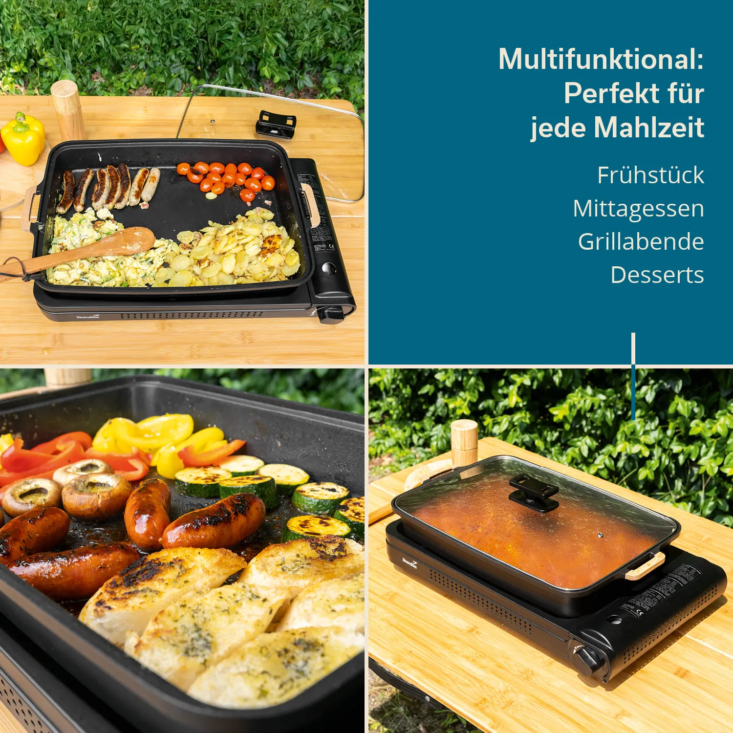 Elektrogrill auf einem Holztisch, umgeben von Pflanzen. Oben: Röstkartoffeln, Spiegeleier und Kirschtomaten. Unten: Würstchen, Gemüse und Brot.