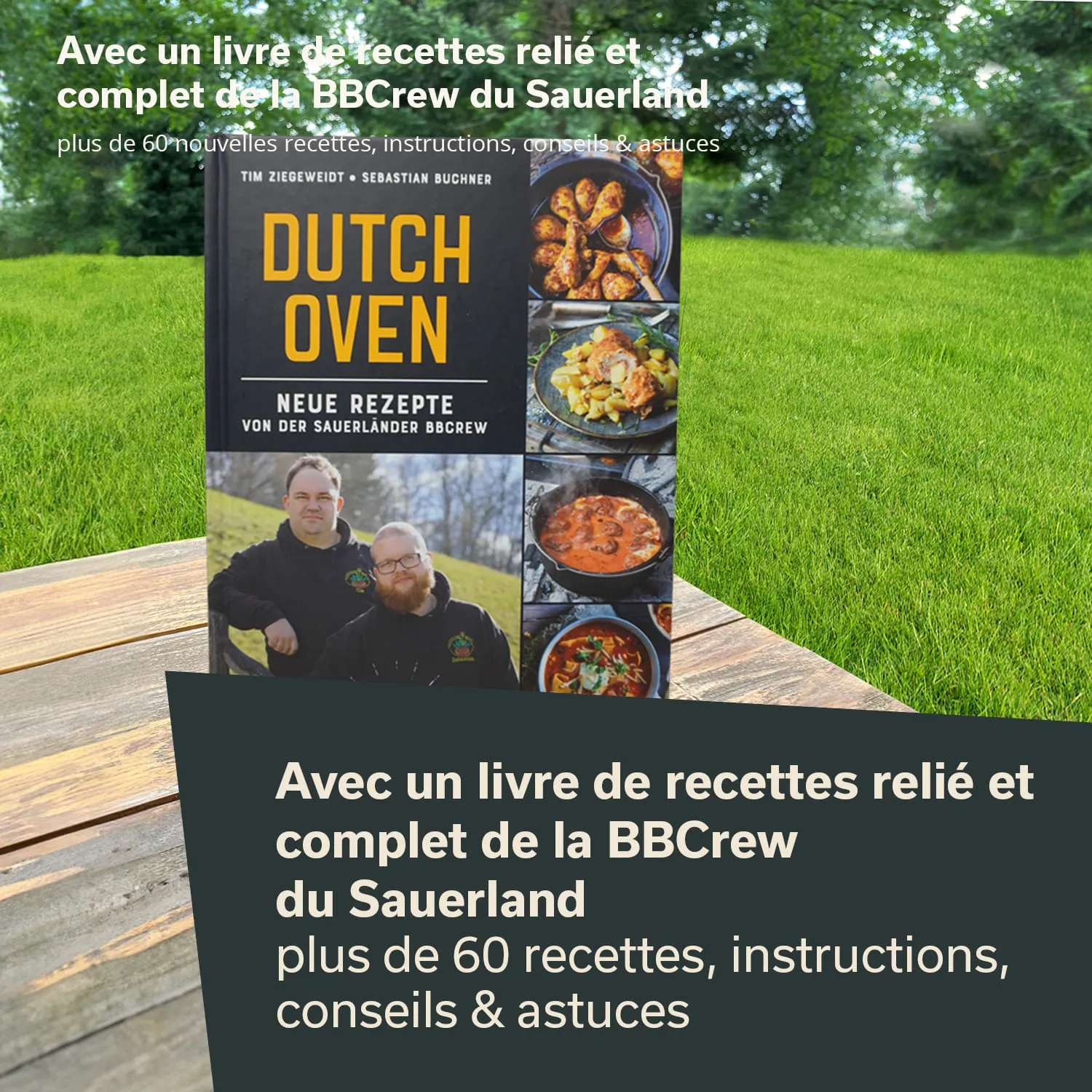 Ein Kochbuch mit dem Titel "Dutch Oven" steht auf einem Tisch. Im Hintergrund ist eine grüne Wiese sichtbar. Das Buch enthält Bilder von Gerichten und Informationen zu Rezepten.