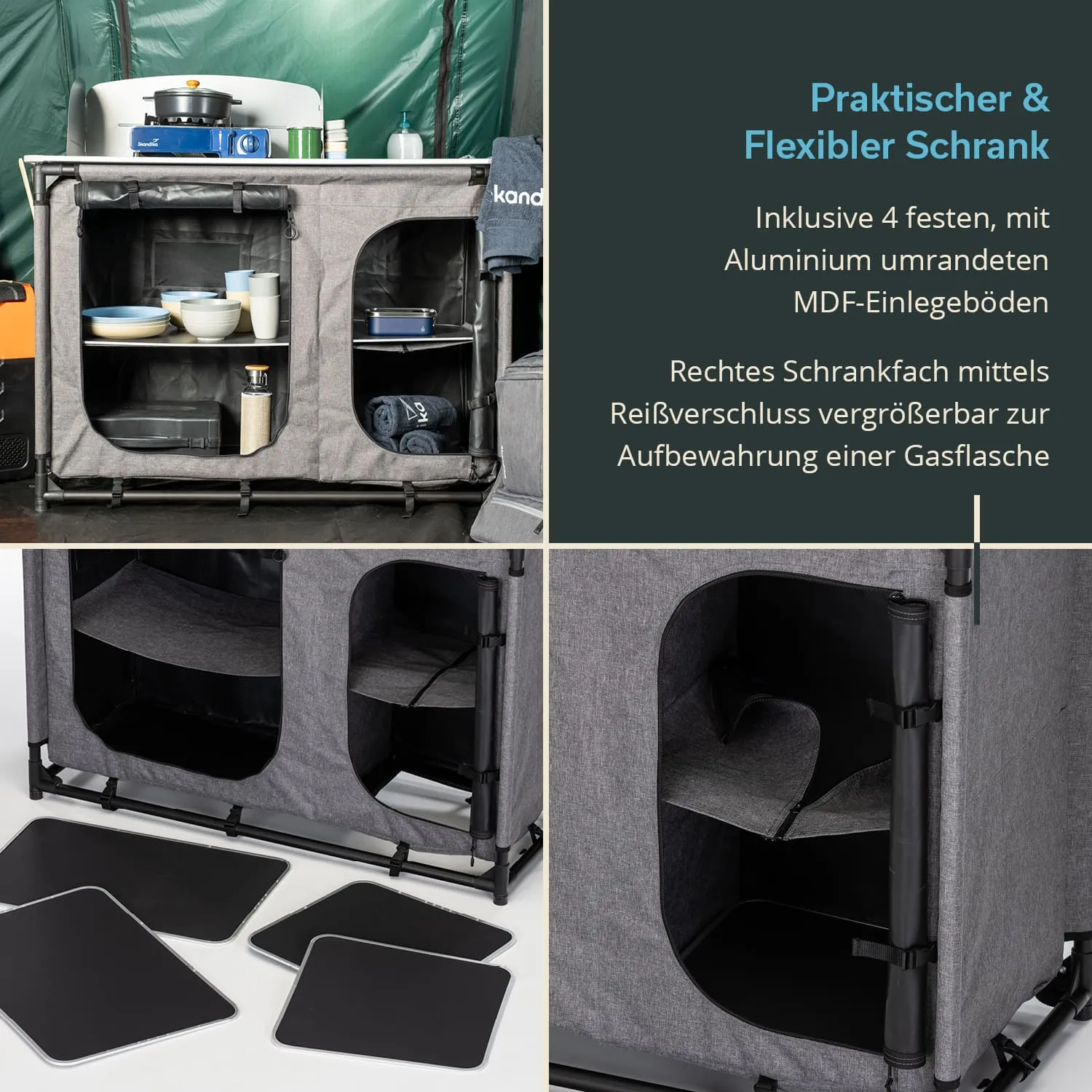 Schrank mit mehreren Fächern, aus grauem Stoff und schwarzem Metall, inklusive Zubehörteilen.