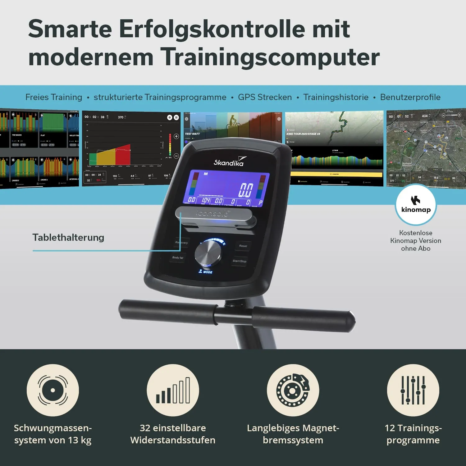 Trainingsgerät mit digitalem Display und Tablet-Halterung. Grafiken für Übungen und Trainingsverlauf im Hintergrund.