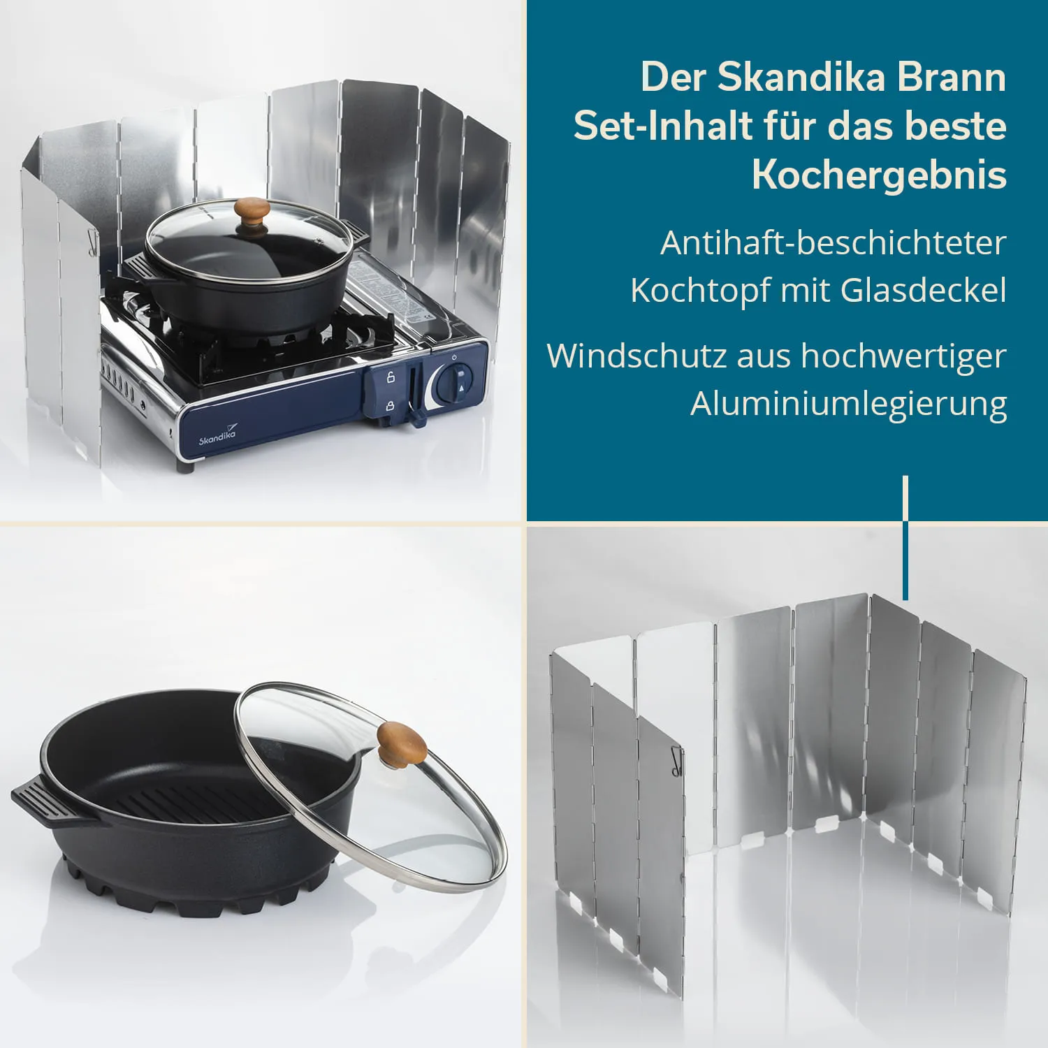 Kochfeld mit Windschutz und antiallergischem Topf. Oben rechts Text über Produkteigenschaften. Unten links Topf mit Glasdeckel.