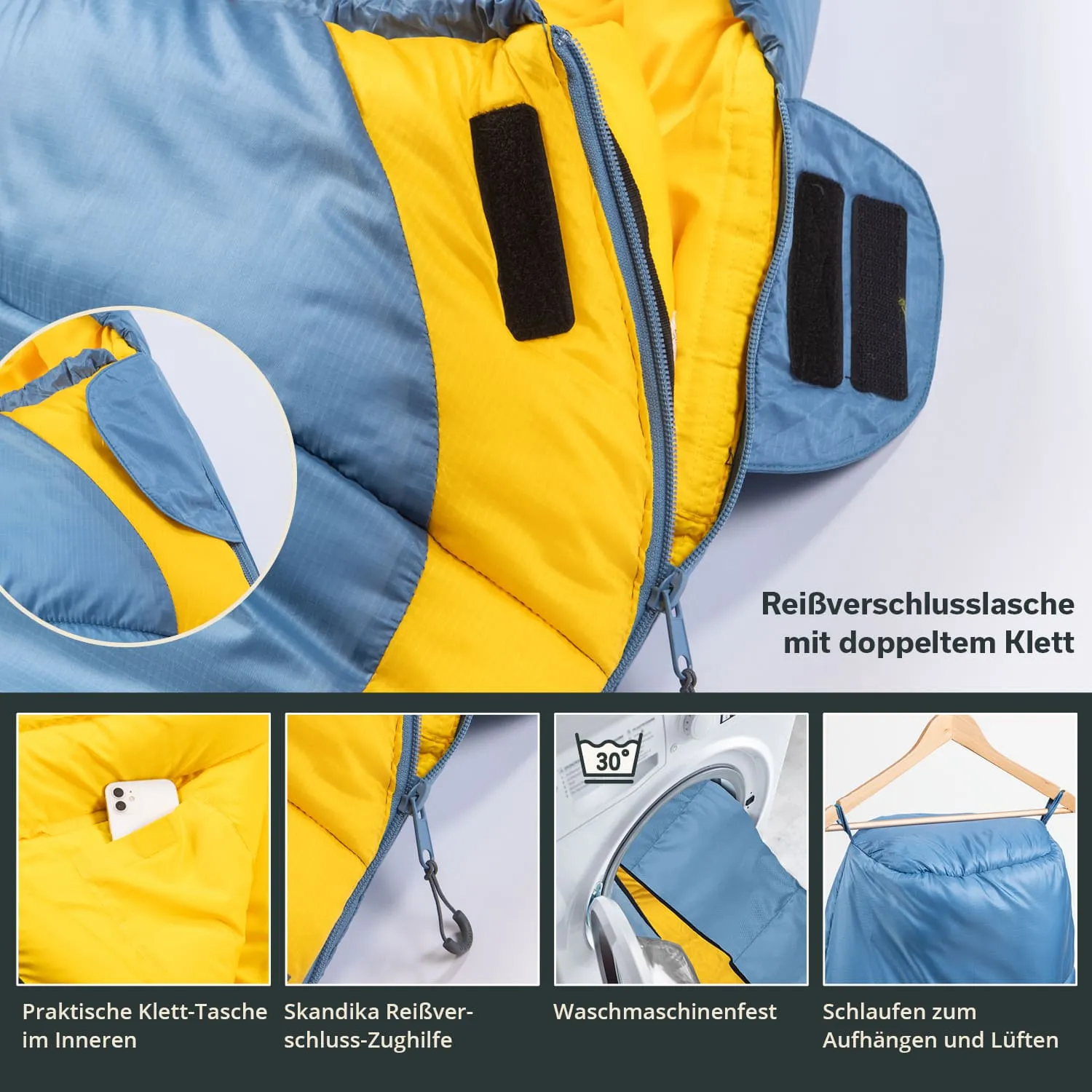 Schlafsack mit blau-gelber Innenausstattung, Reißverschluss und Klettverschluss Detailansichten und Pflegehinweise.