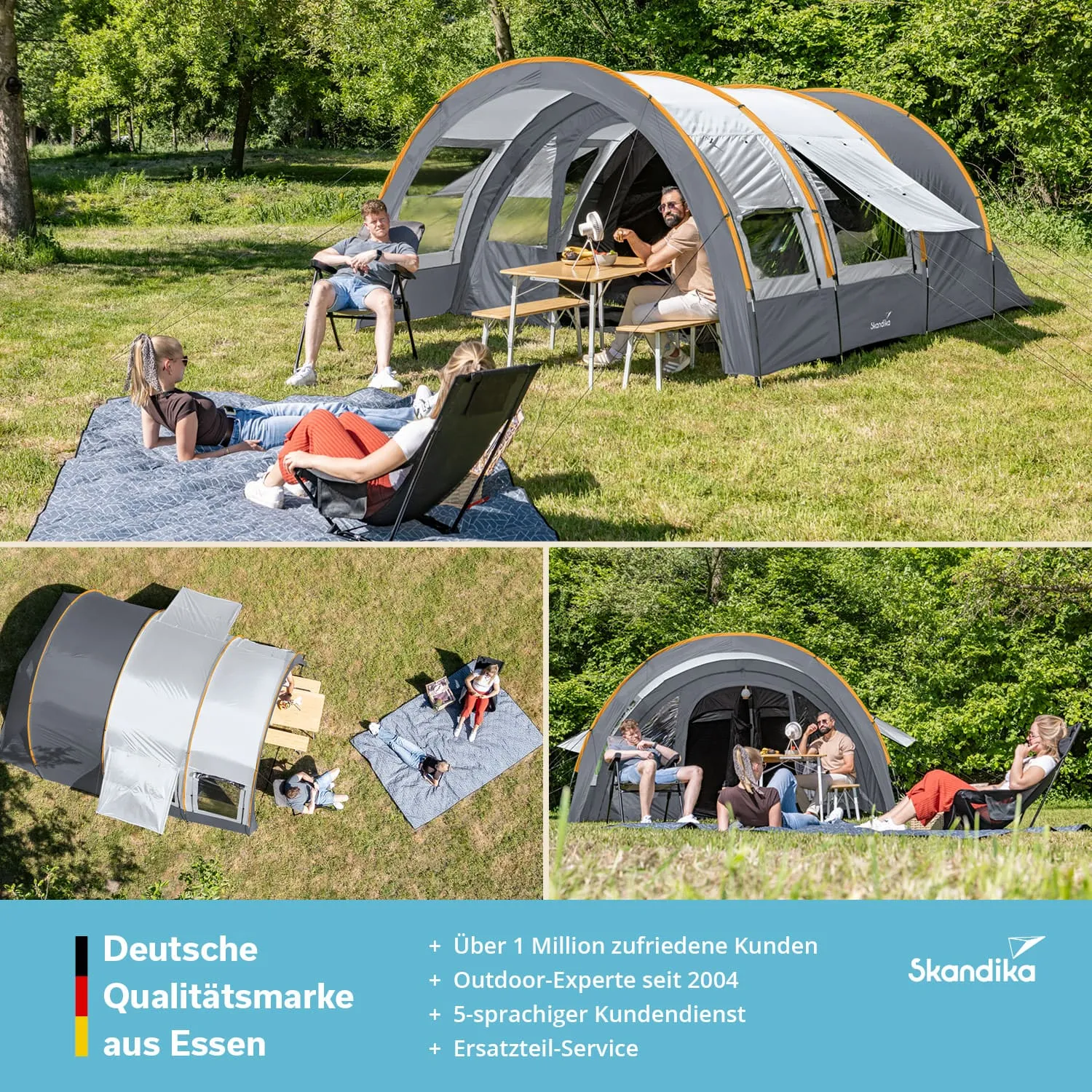 Zelt im Freien mit einer Gruppe von Personen, die auf Wiese sitzen und entspannen. Bäume im Hintergrund.