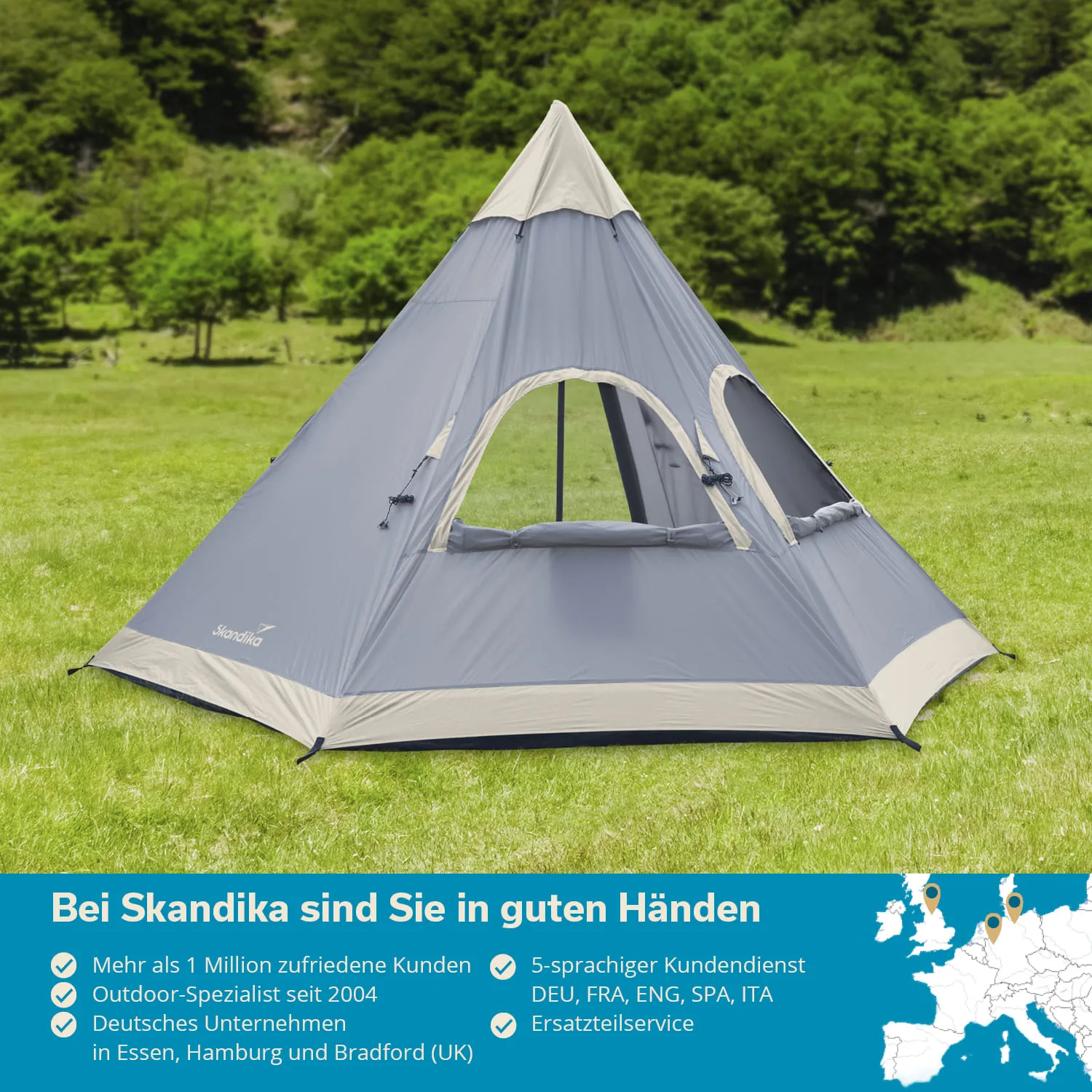 Ein graues, spitzes Zelt steht auf einer grünen Wiese. Im Hintergrund sind Bäume zu sehen. Am unteren Bildrand sind Informationen zu einem Unternehmen abgedruckt.